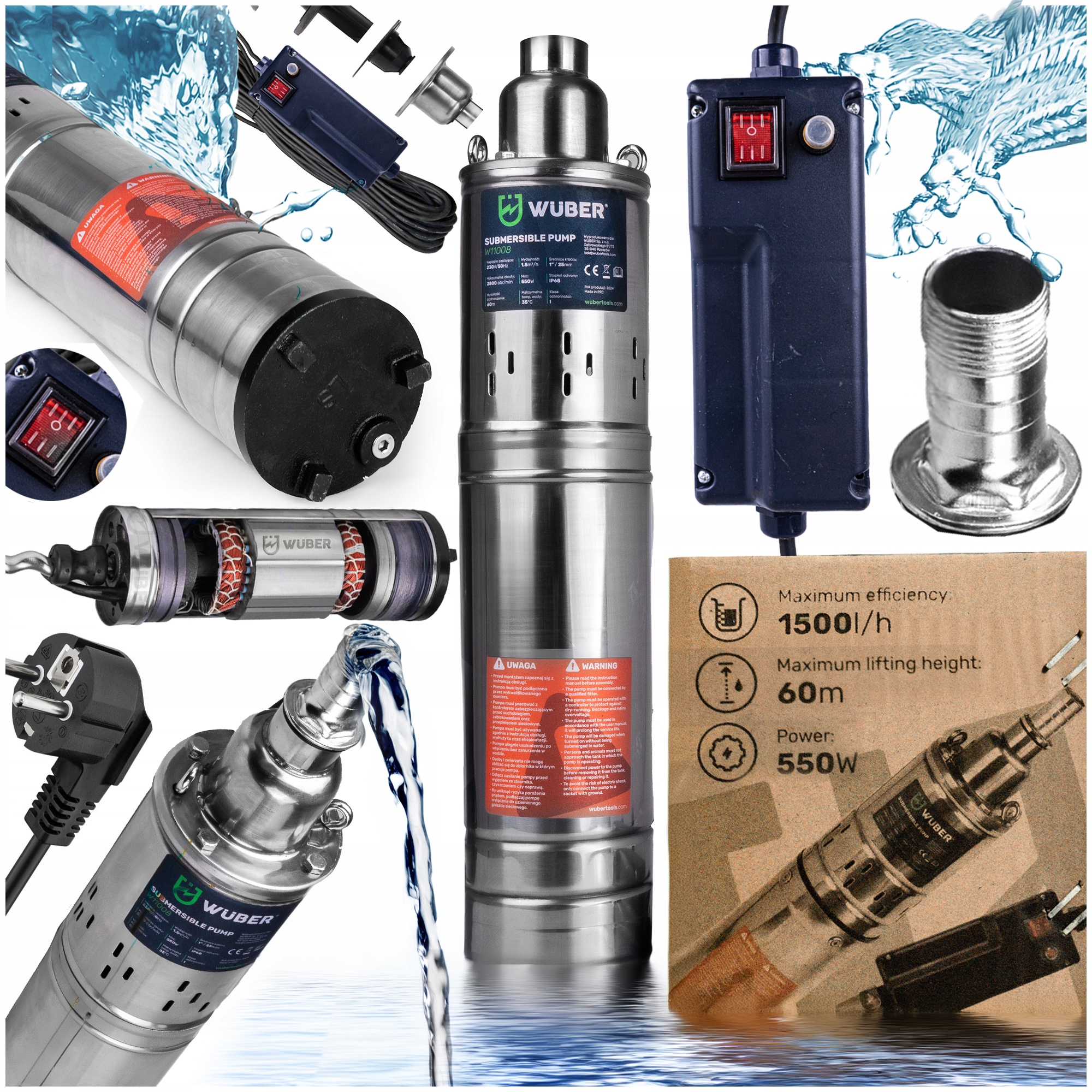 Pompa Głębinowa Śrubowa 550W Do Wody Czystej Do Studni Mocna 1500 L/h 1"