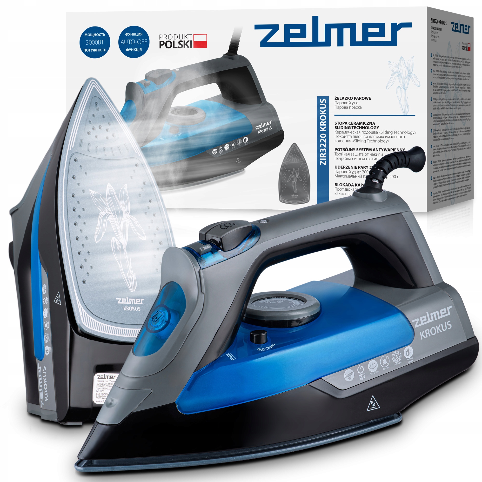 Żelazko Parowe Zelmer Polskie Ceramiczne Prasowanie Pion Para 40g/min 3000W