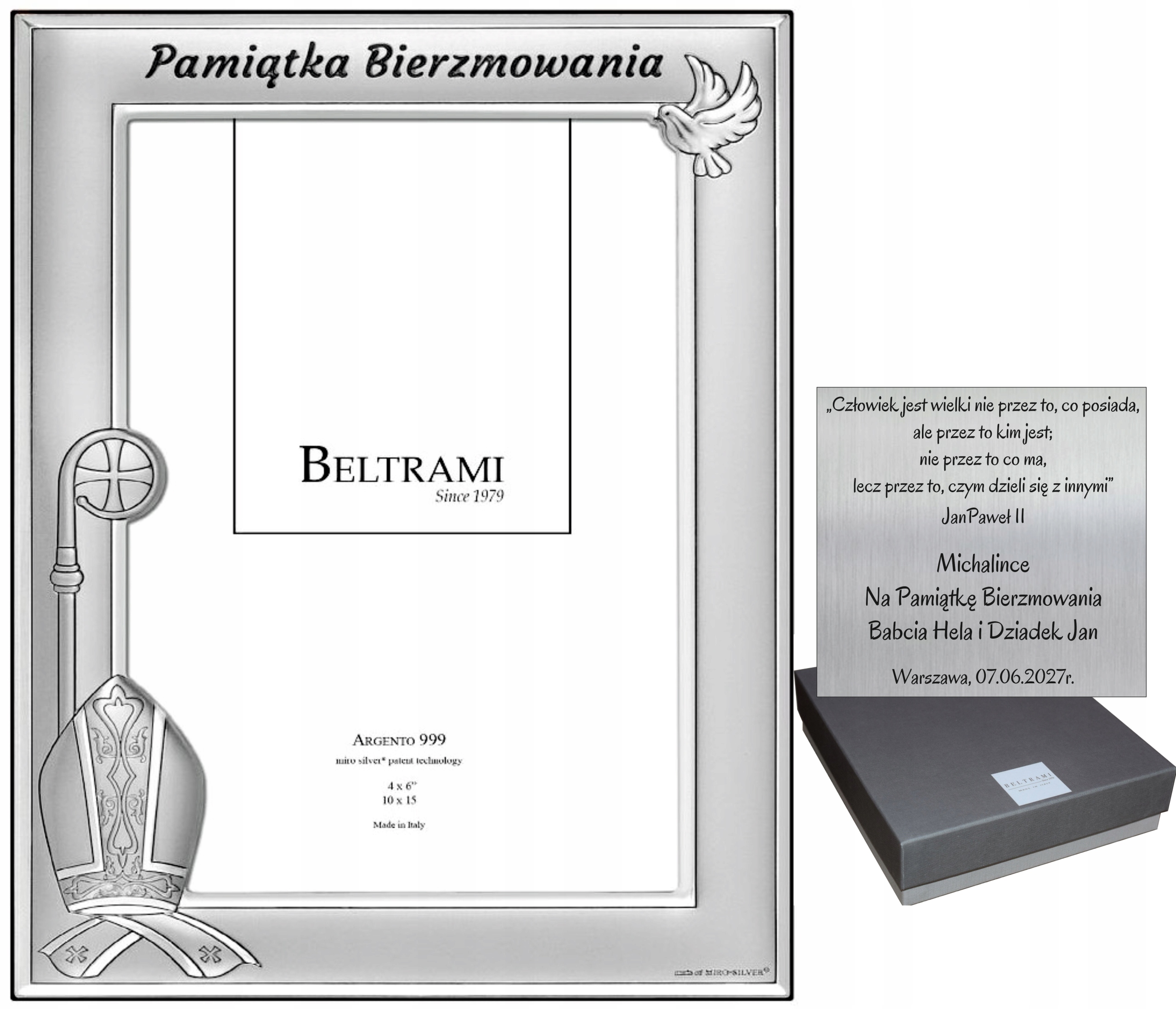 SREBRNA RAMKA NA ZDJĘCIE 10X15 PAMIĄTKA BIERZMOWANIA DARY DUCHA ŚWIĘTEGO