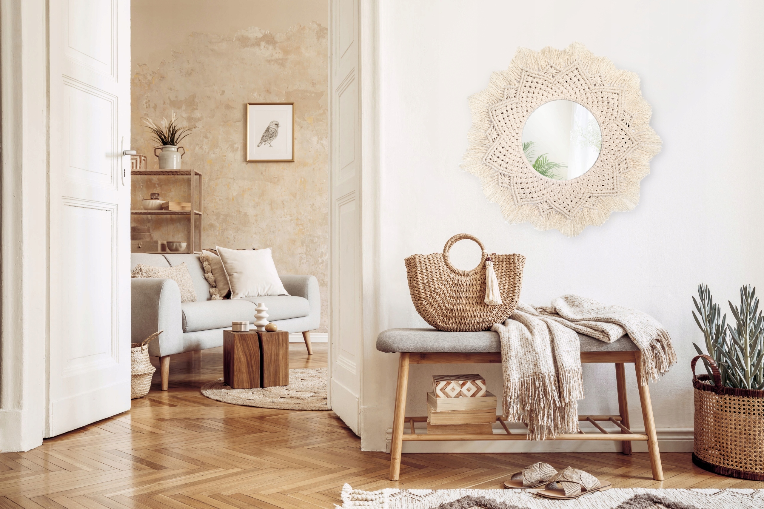 OKRĄGŁE ŚCIENNE LUSTRO BOHO 60cm NATURALNE Kod producenta HOM-03007