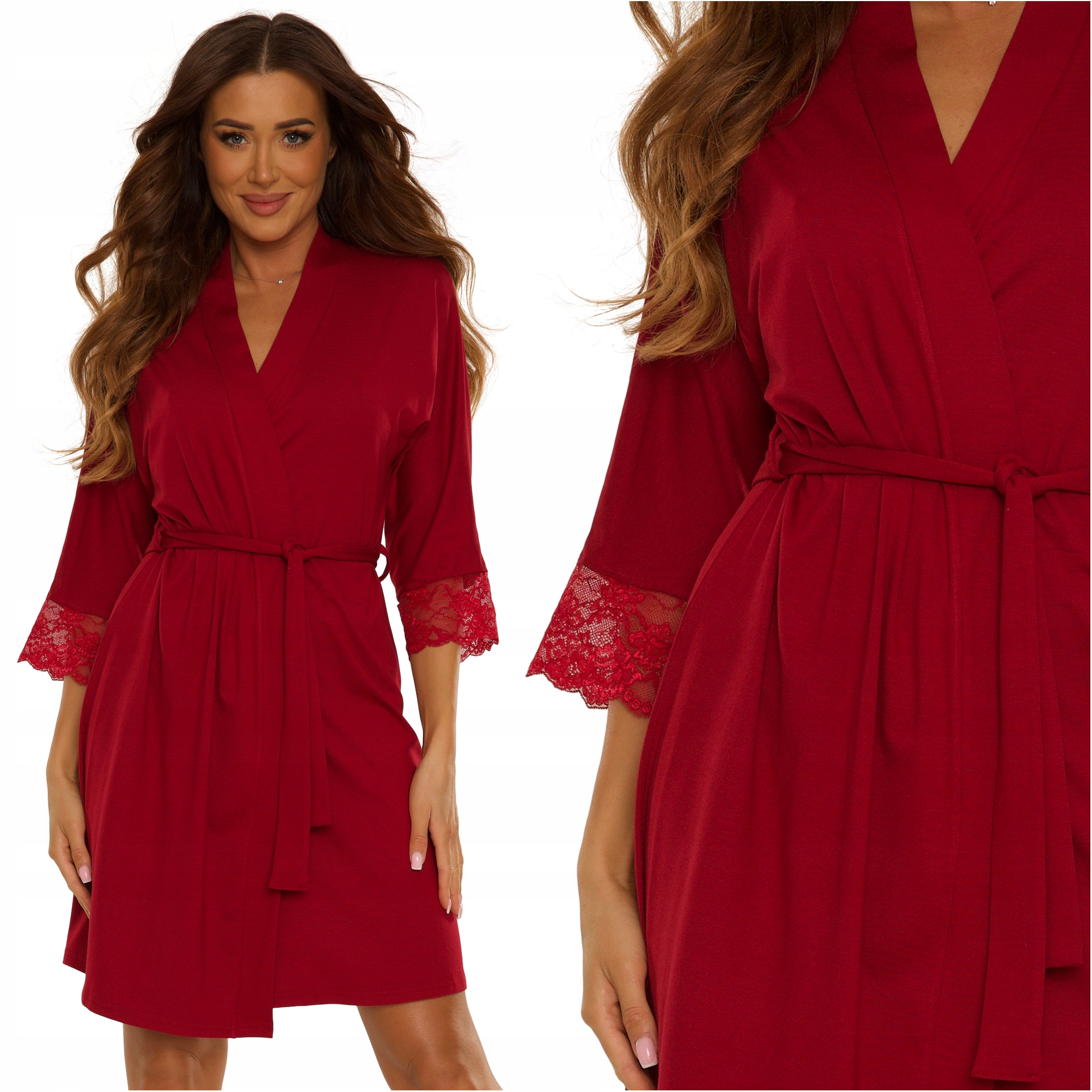 Cienki Szlafrok damski plus size z koronką De Lafense Fanny 342 bordowy 4XL