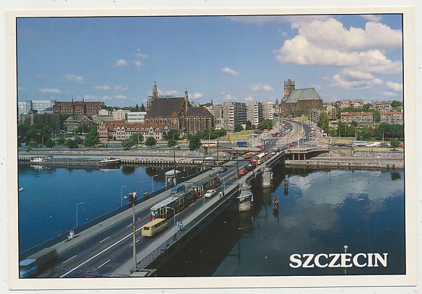 Szczecin Panoram miasta, most, tramwaj, samochody