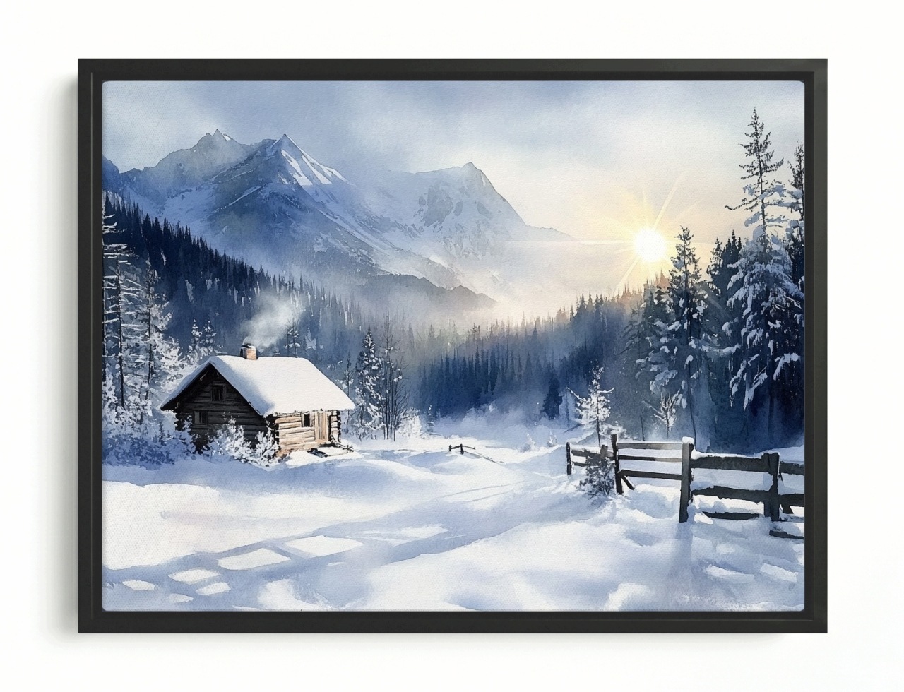 Obraz Rám Americký Box Krajina Zima Sníh Závěje Hory Chata Slunce 100x75