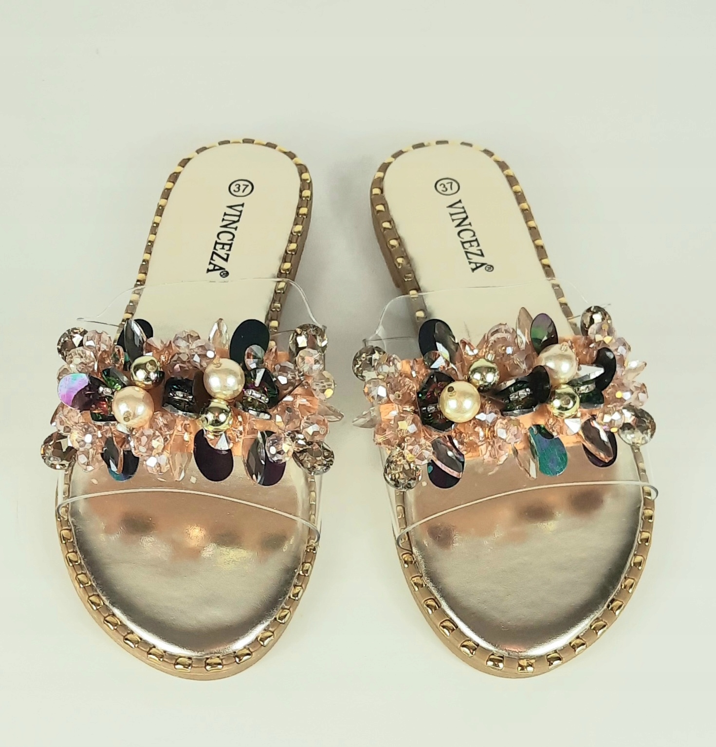 VINCEZA 17324 Klapki damskie transparentne z ozdobą koralikami złote 38 Rozmiar 38