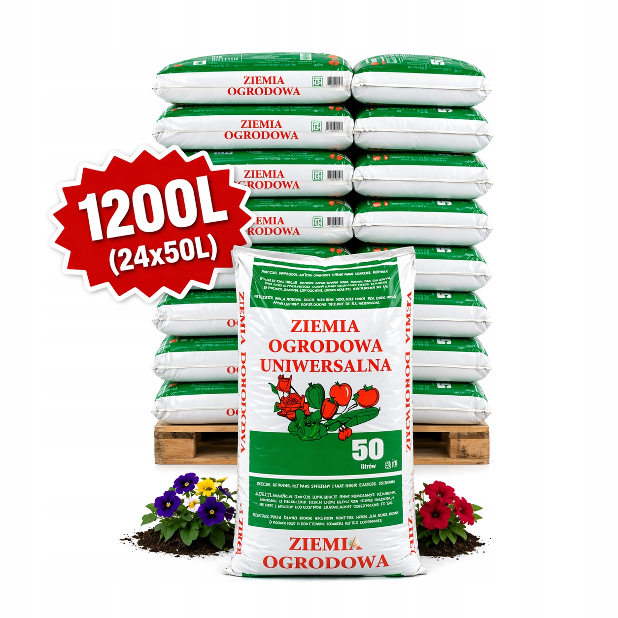 Paleta ziemi ogrodowej 1200L 24x50L do ogrodu, warzyw i trawnika