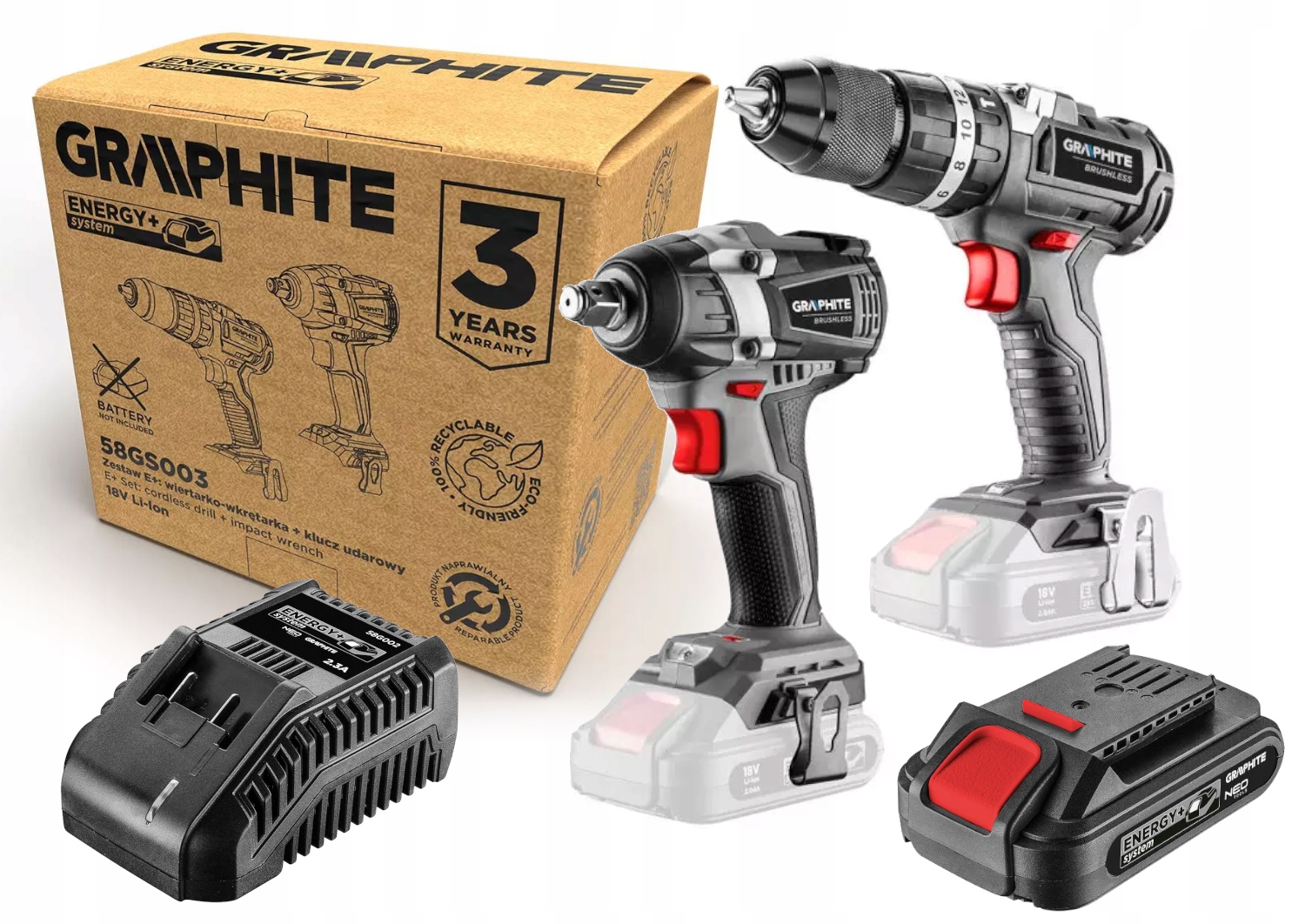 Sada Graphite Energy+ 18V Úderový Klíč 58G028 Šroubovák 58G020 2,0Ah
