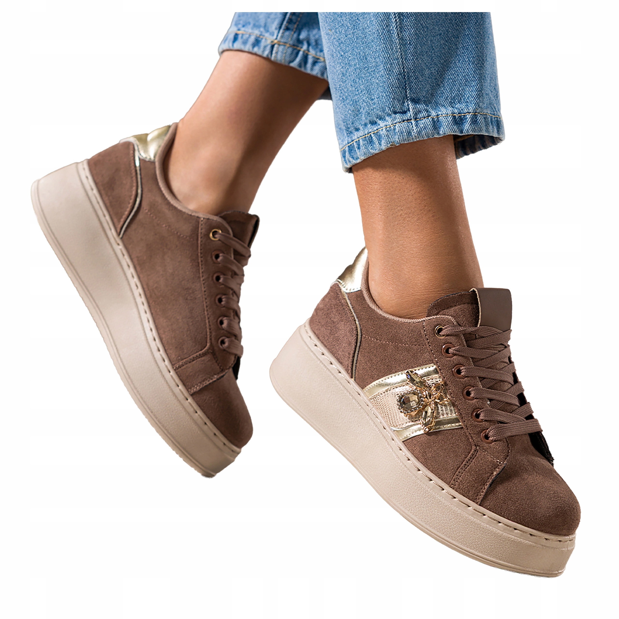 Sneakersy Brązowe Damskie Sportowe Na Platformie Sznurowane r 41