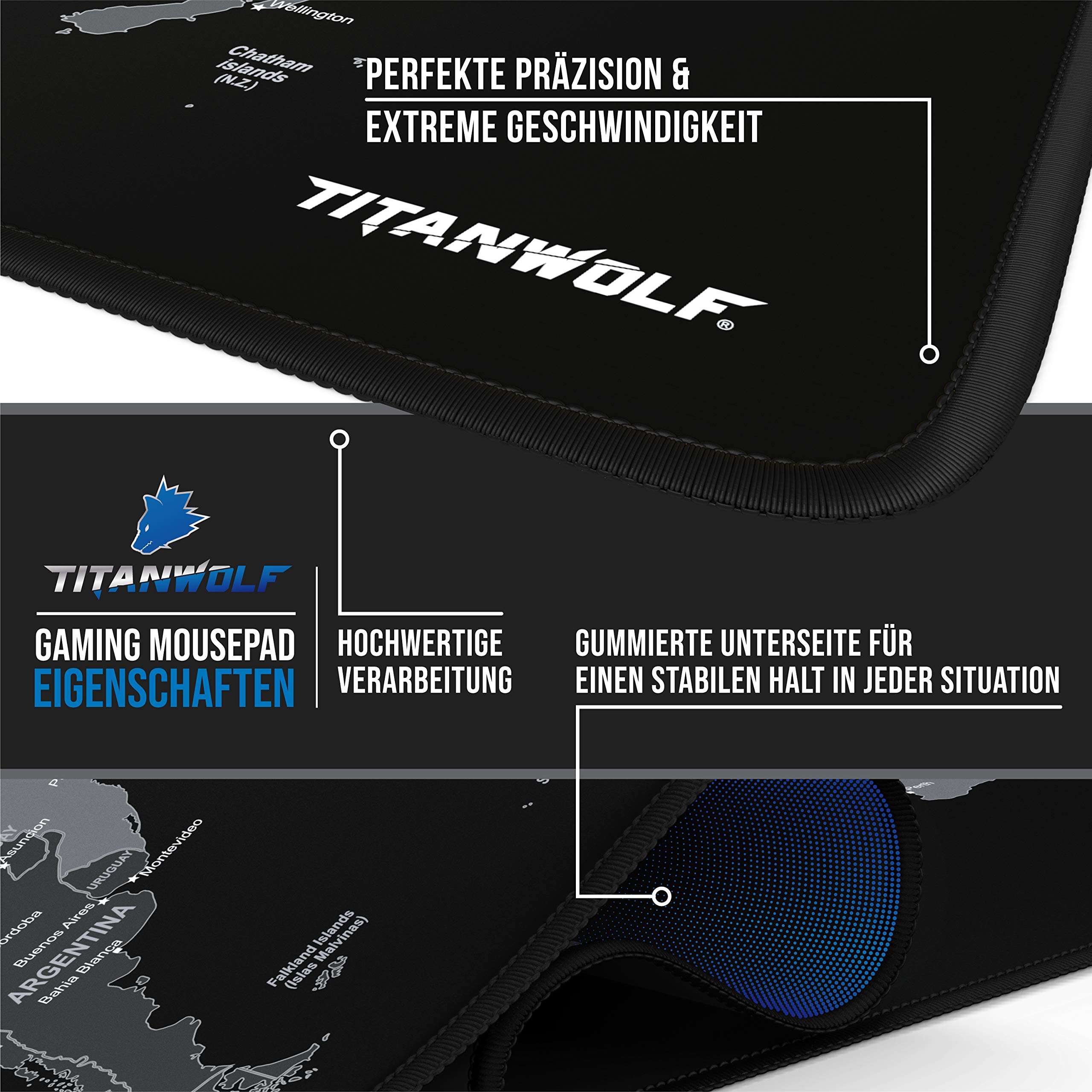 TITANWOLF Podkładka Gamingowa XXL 900x400 mm Mapa Świata Czarna — miniatura 4