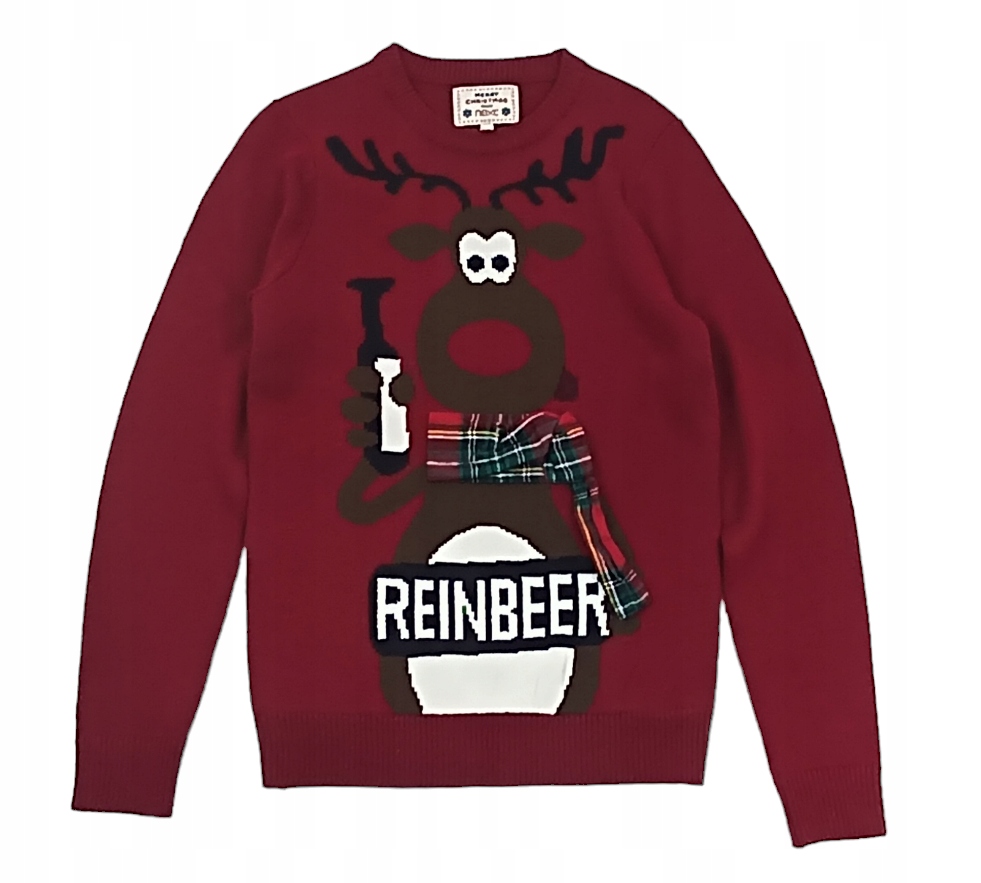NEXT świąteczny bordowy sweter renifer z winem r. S 3D