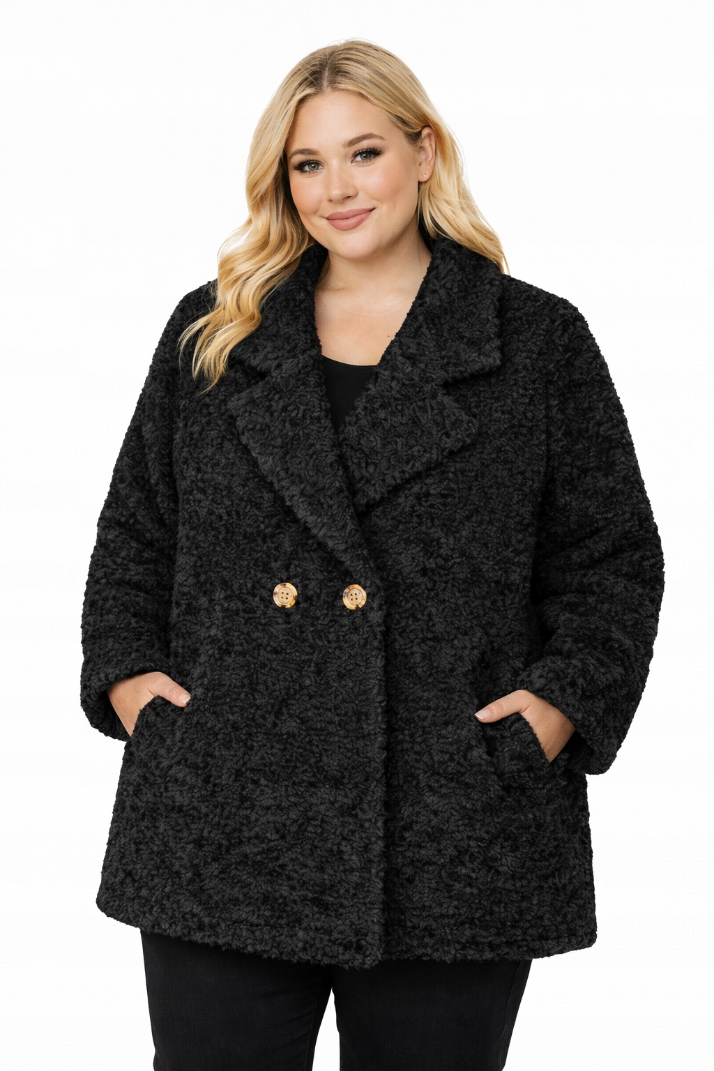 Kurtka Płaszczowa Teddy Bukla czarna ciepła Plus Size 50 52 6XL