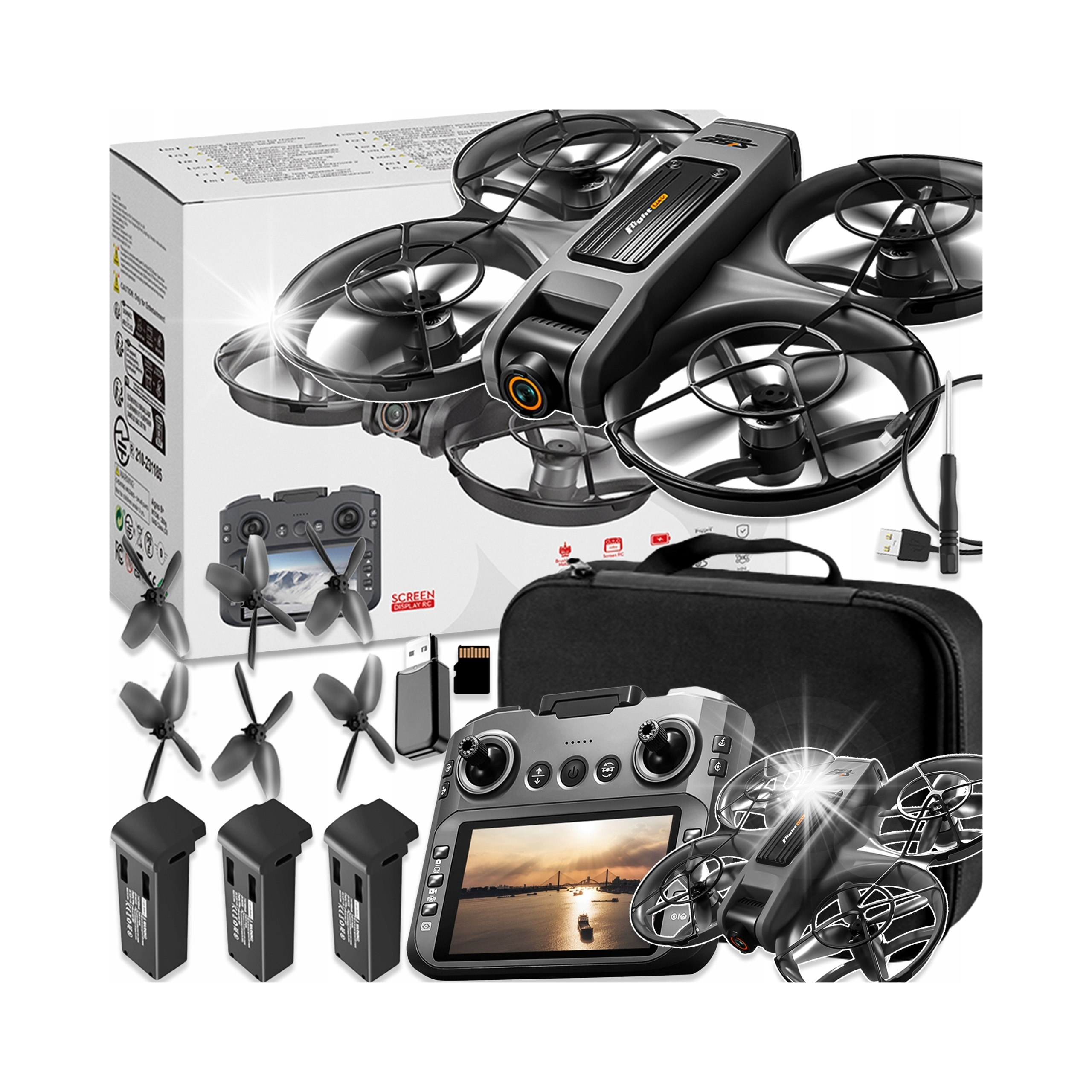 DRON KONTROLER LCD 2 kamery SILNIK BEZSZCZOTKOWY ZABAWKA 145G WIFI 3x AKU