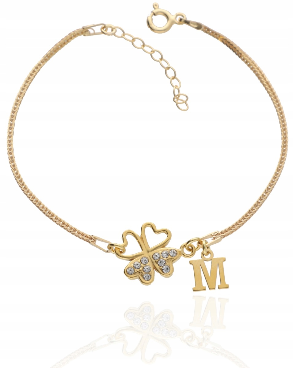 Zlatý náramek čtyřlístek Písmenko pro štěstí zirkony stříbro 925