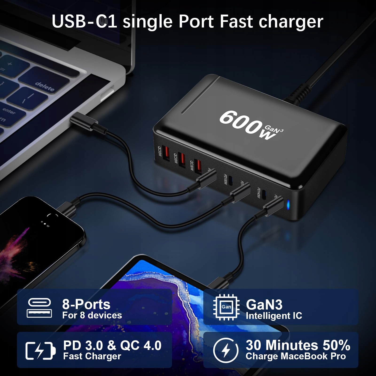 QIQIAZI Ładowarka USB C 600W 8 Portów Szybkie Ładowanie MacBook iPad Androi — miniatura 6