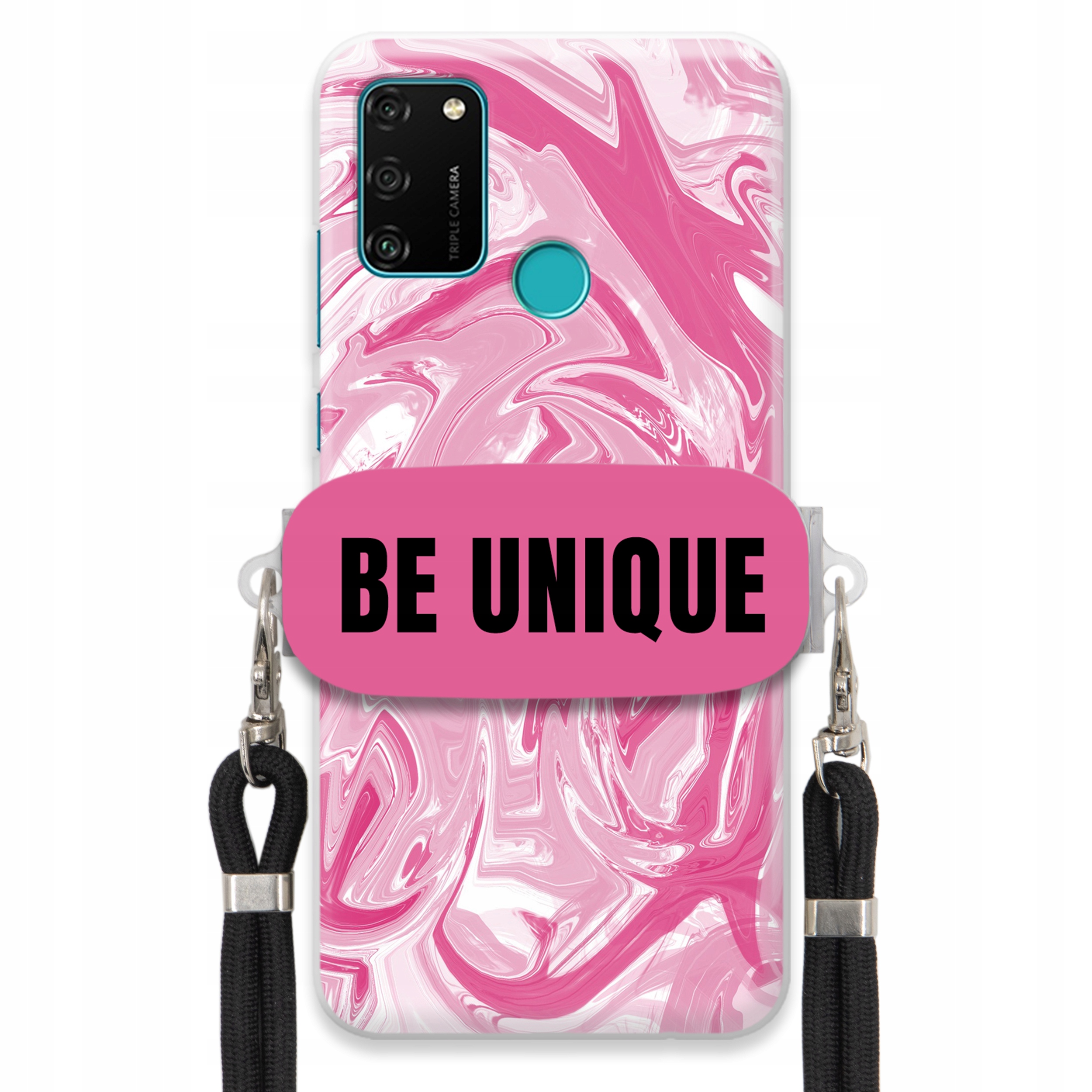 Puzdro pre Huawei Honor 9A Case držiak na šnúrku Čierna Ružová Mramor Unique