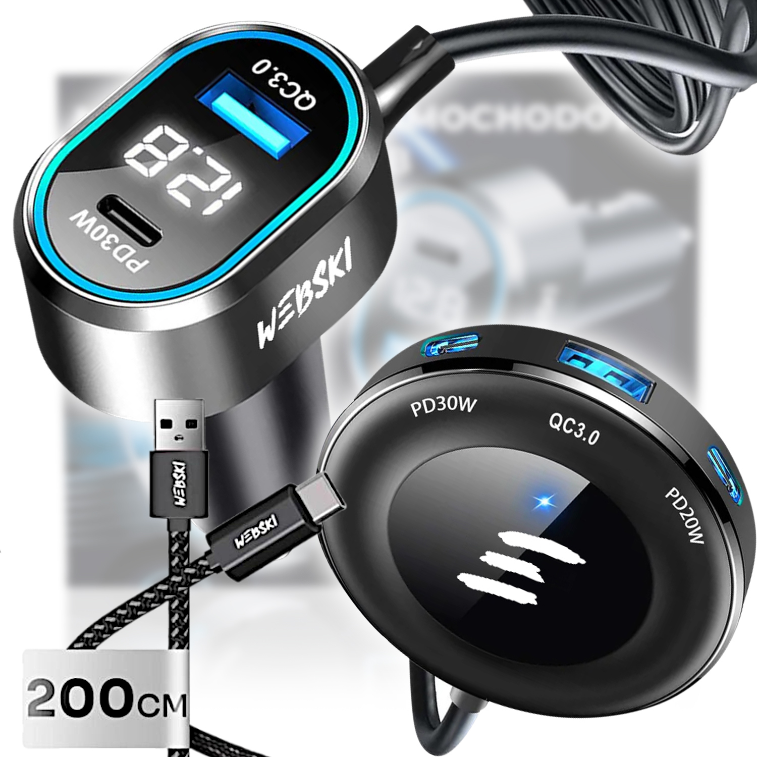 Velmi Rychlá Automobilová Nabíječka Klips 98W 2xUSB 3xUSB-C LCD Kabel 200CM