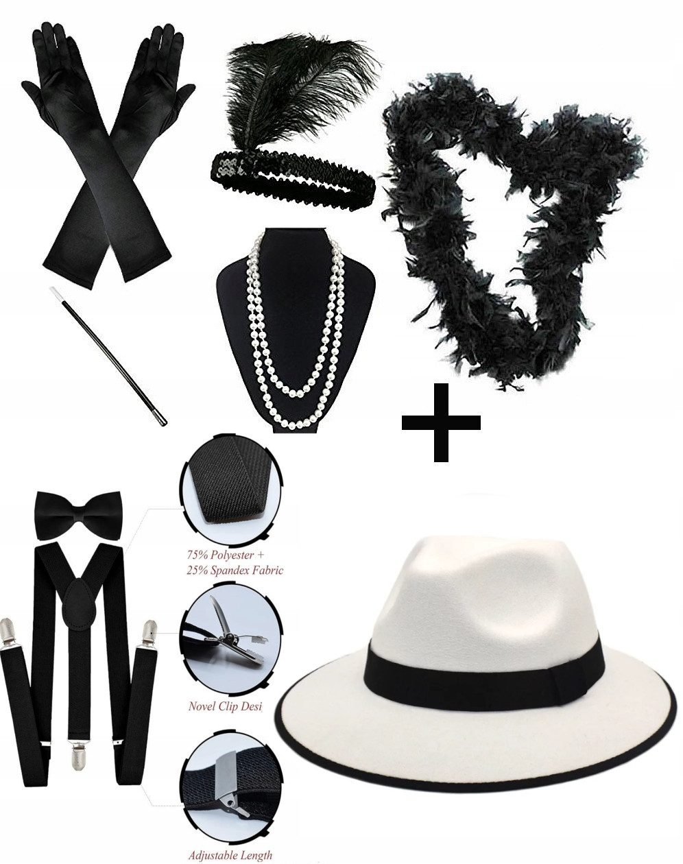 komplet pro pár z 20. léta retro dancing klobouk bílý rukavice boa obojky