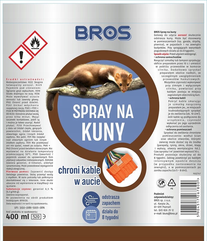 Bros SPRAY ŚRODEK ODSTRASZACZ KUN na KUNY 2x 400ml Stan opakowania oryginalne