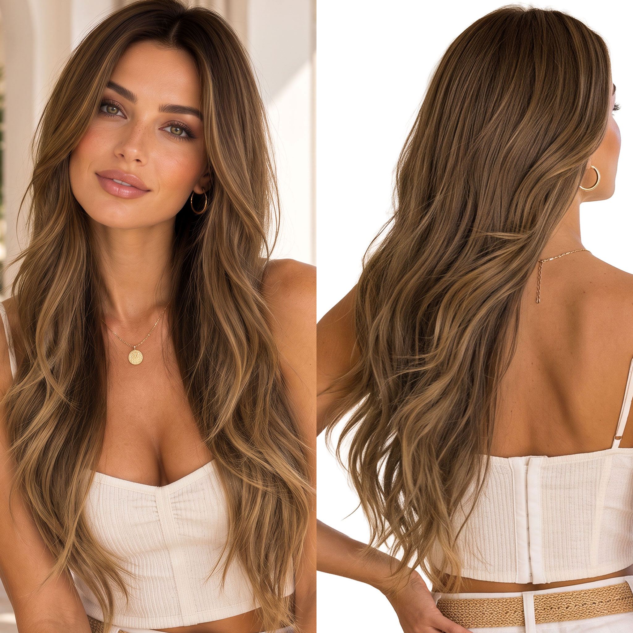 Peruka sztuczna mocno cieniowana długa fale Top Lace brąz ombre odrost 70cm