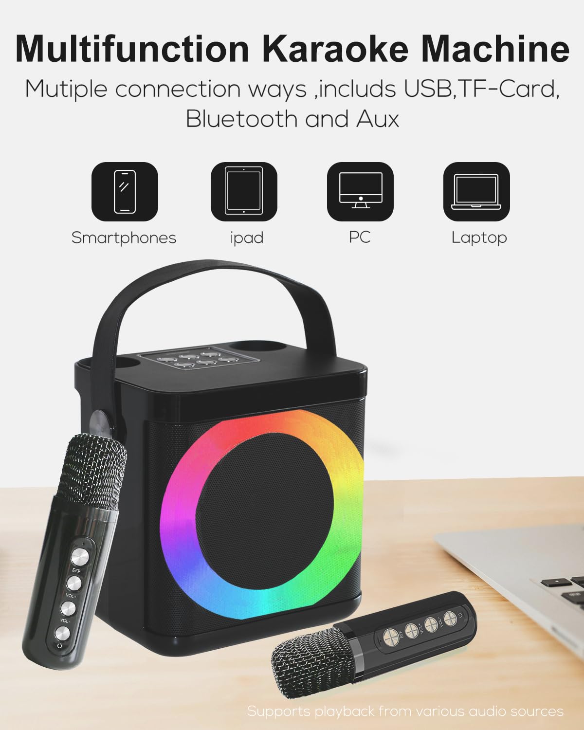 KARAOKE MASZYNA Z 2 MIKROFONAMI BLUETOOTH LED DLA DZIECI I DOROSŁYCH — miniatura 3