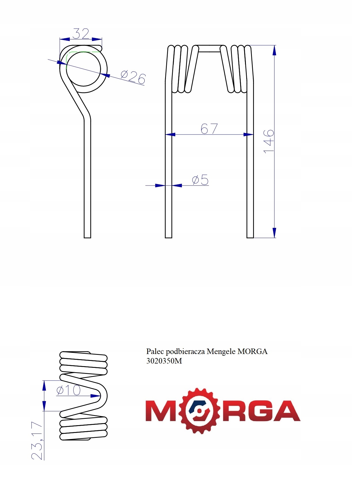 Palec podbieracza przyczepy samozbierającej Mengele 03020350 MORGA Waga produktu z opakowaniem jednostkowym 0.14 kg