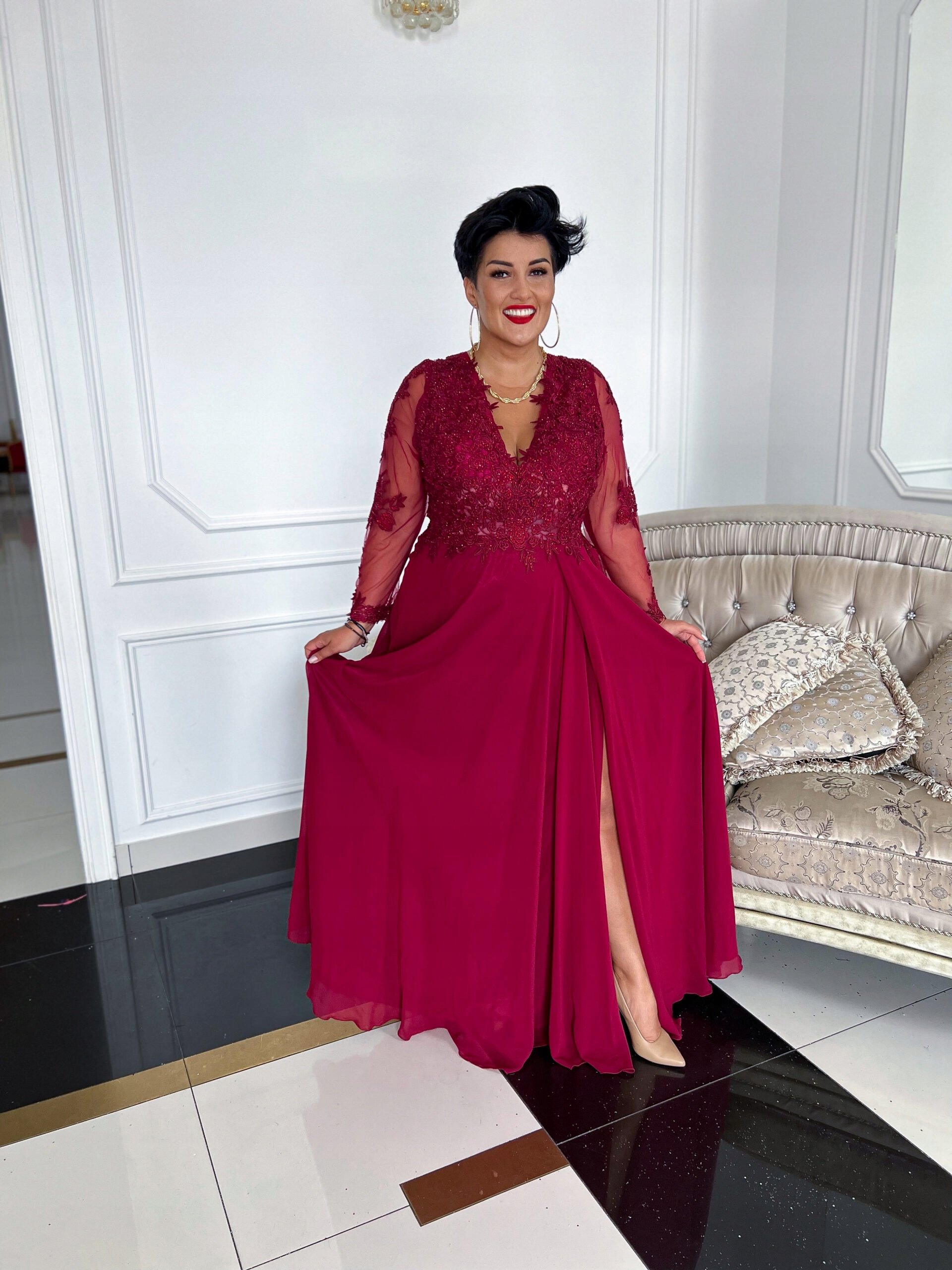 Šaty Aria Dlouhá Svatební S Rukávem Bordó 48