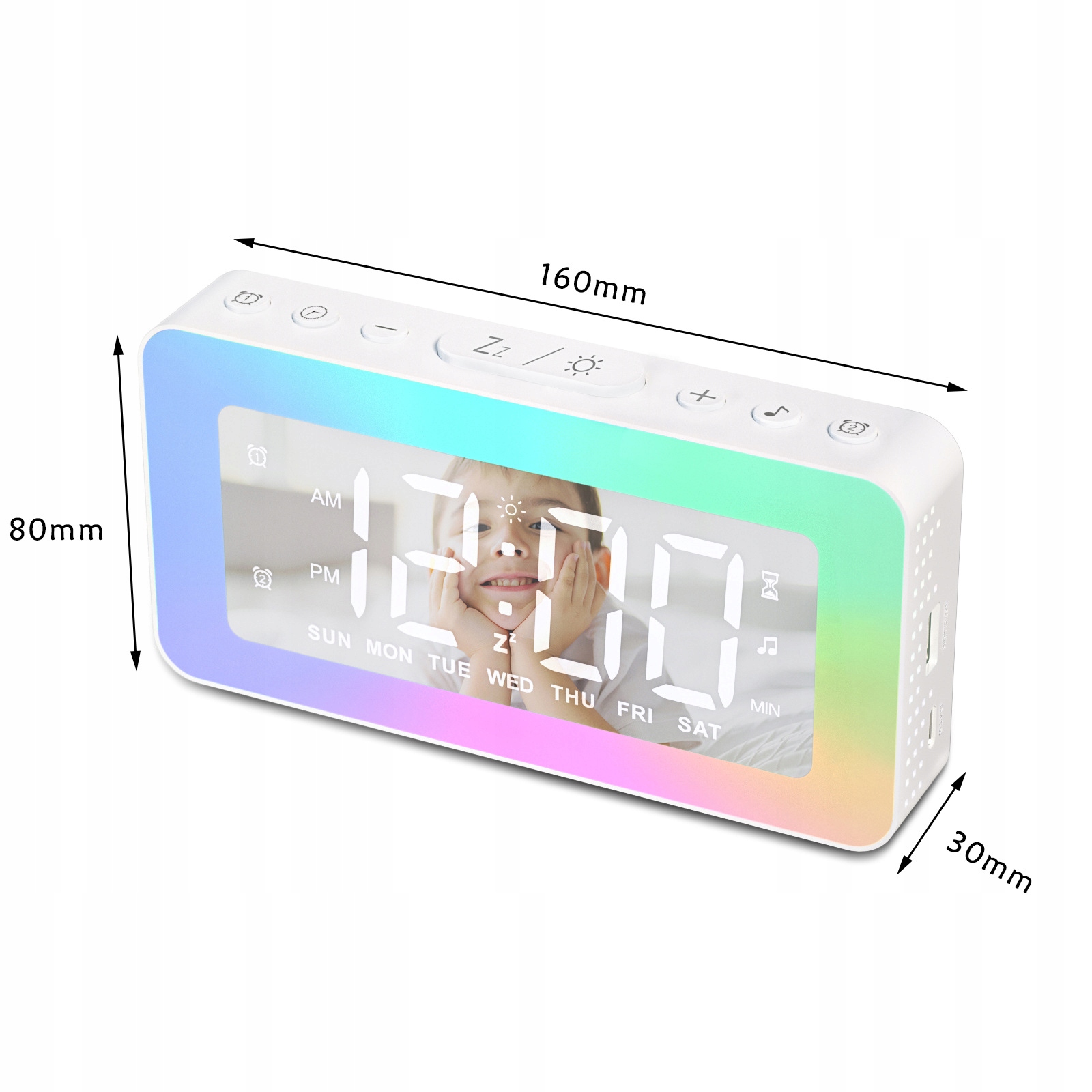 BUDZIK Zegar Elektroniczny RGB LED Cichy Cyfrowy Stojący Nowoczesny premium Szerokość całkowita 3 cm