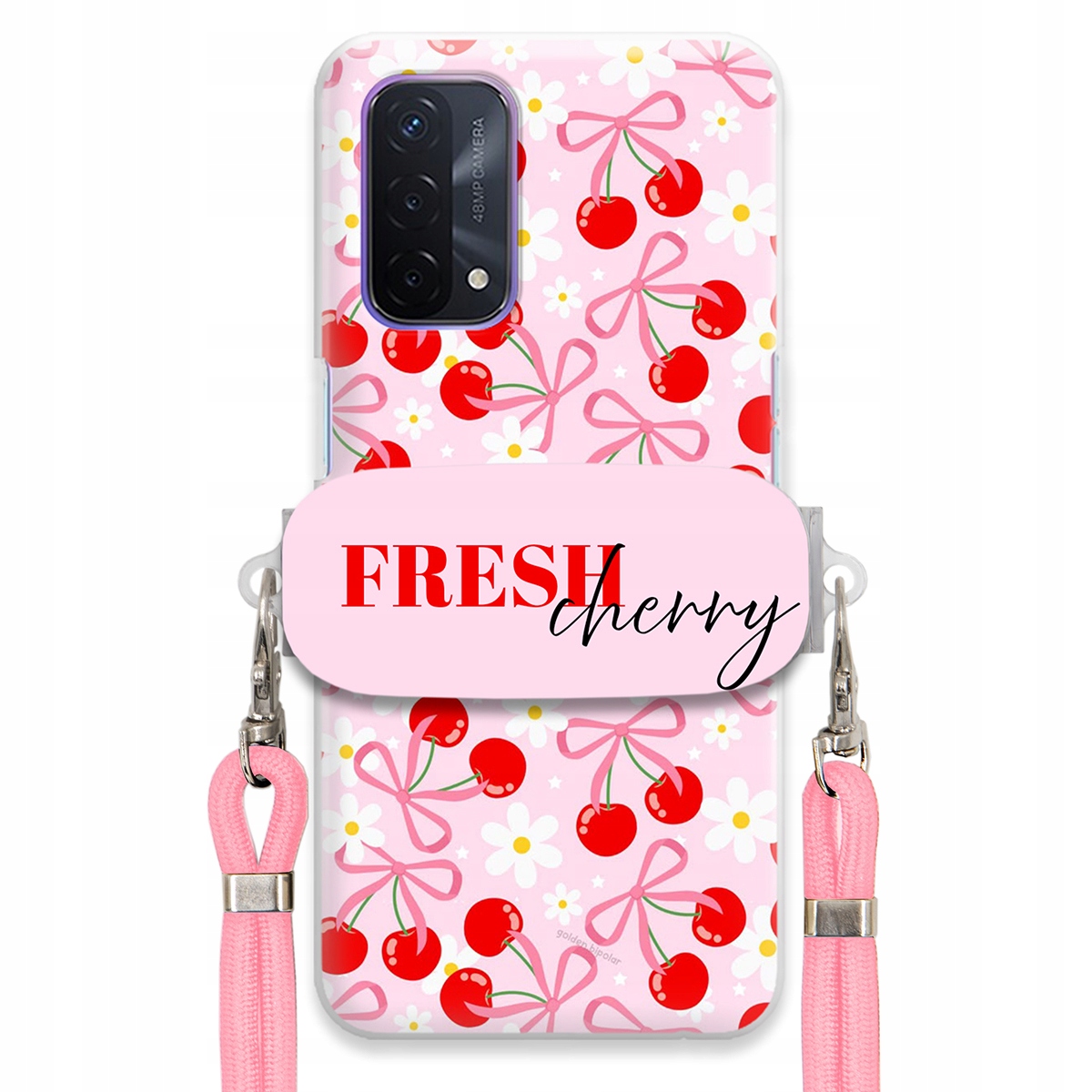 Puzdro pre Oppo A54 5G Case Držiak šnúrok Ružový Fresh Cherry Čerešňové mašle