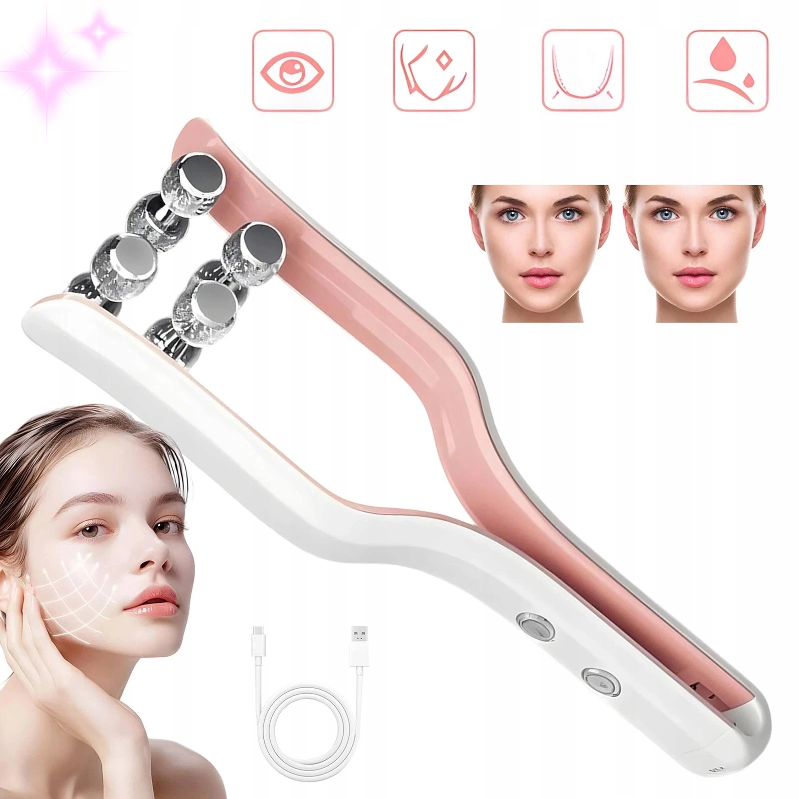 Masážní Přístroj na bradu Ems 3.7V růžový Facial Massager liftingující zesvětlení