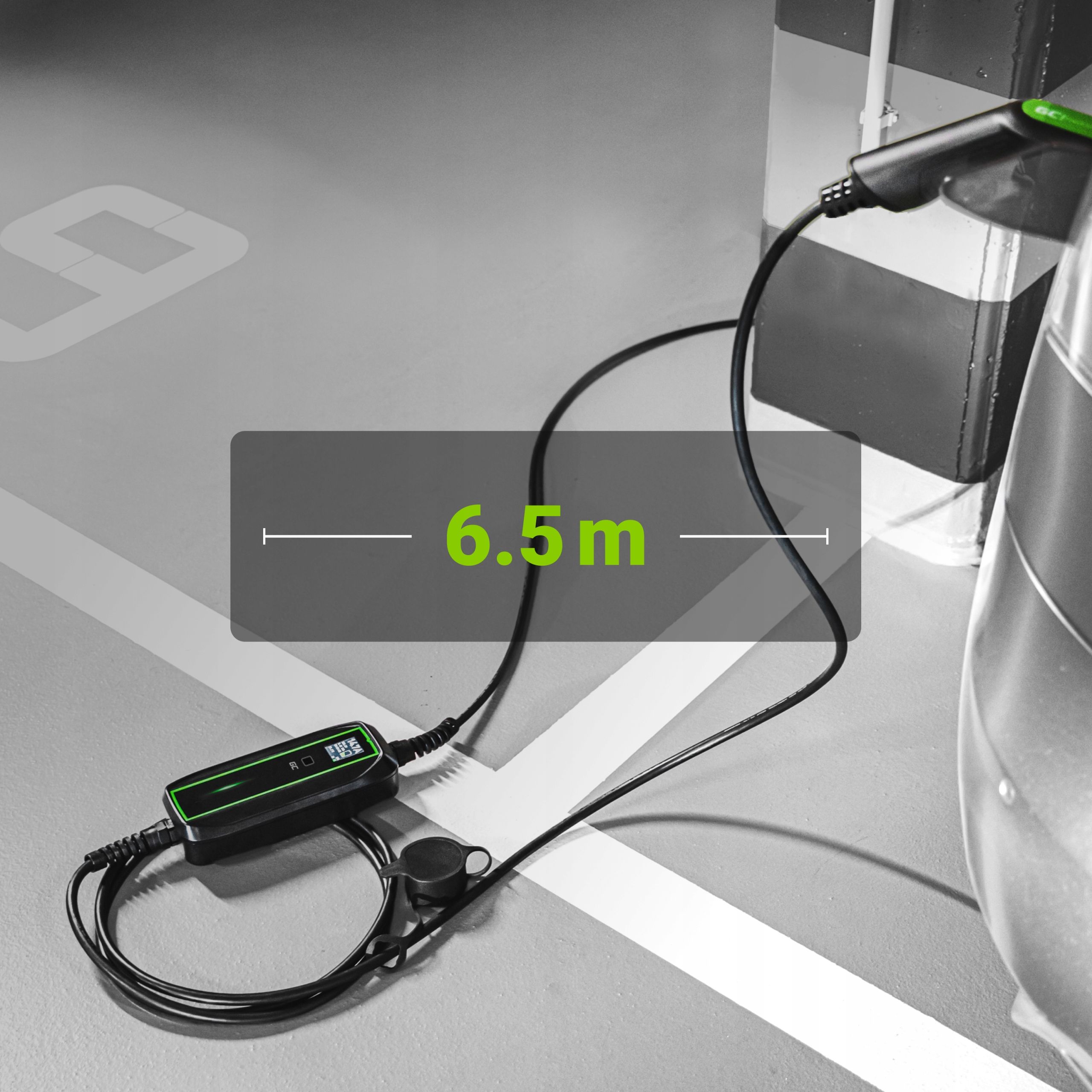 Mobilna Ładowarka EV Typ 2 6,5m Schuko 230V 3,68kW LCD Regulacja 10A / 16A Marka Green Cell