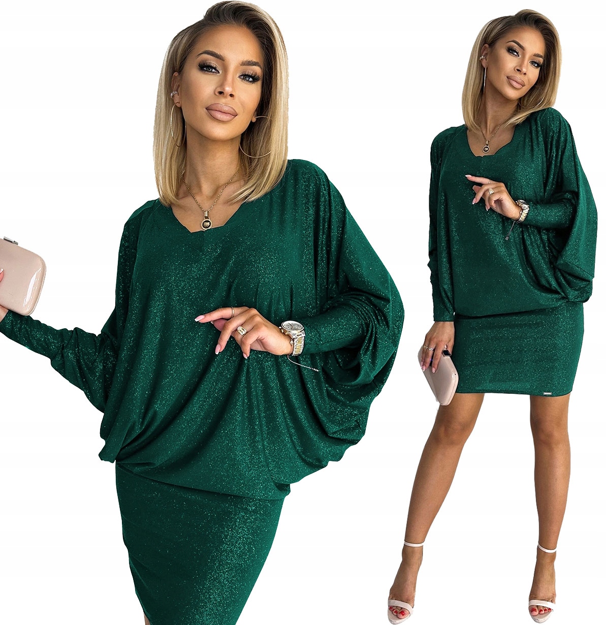 Módní Šaty Netopýr Z Elastického Materiálu Zeleň S Brokátem L/XL