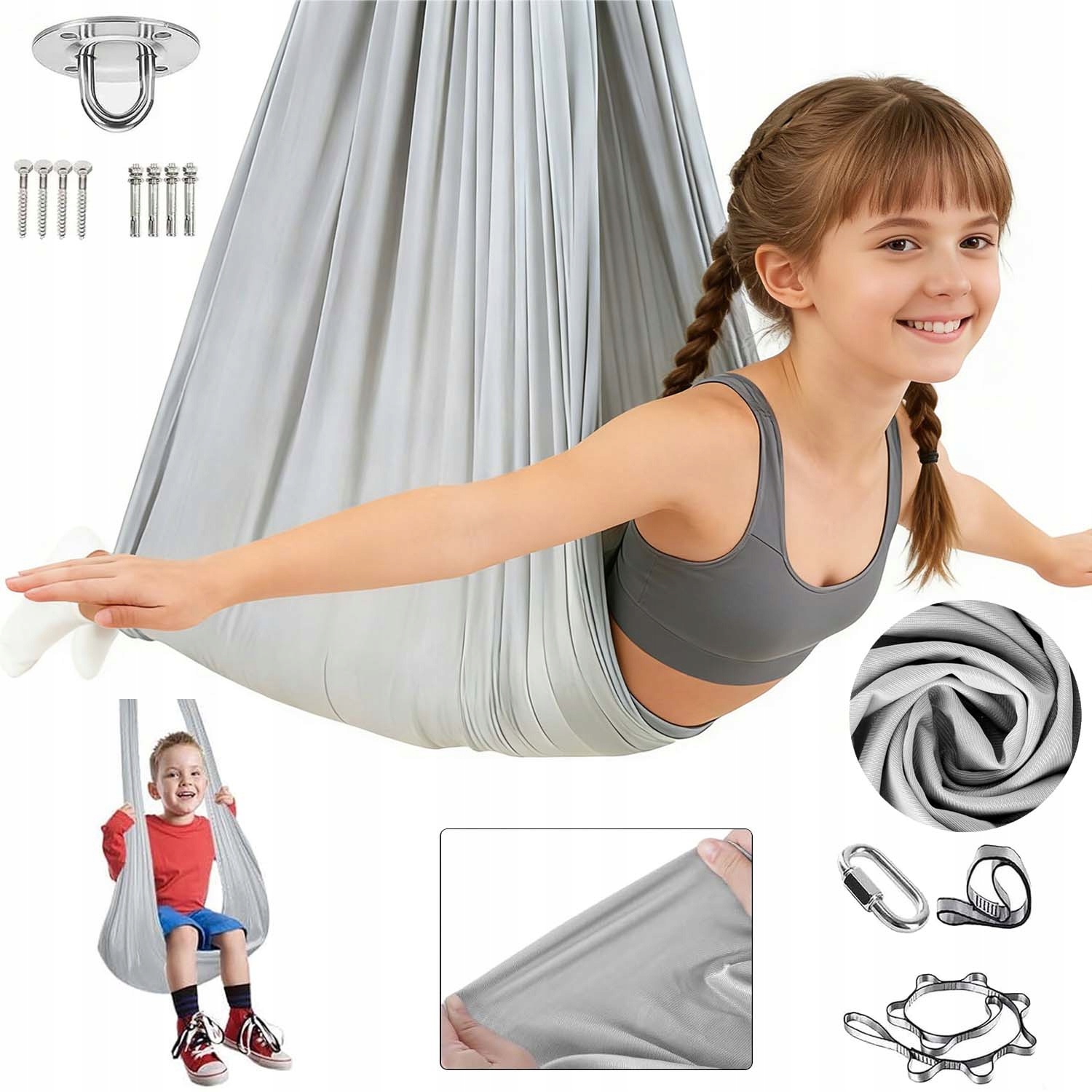 Hamak Chusta Akrobatyczna Sensoryczna Aerial Joga Do Ćwiczeń Szary 2,8*1,5M