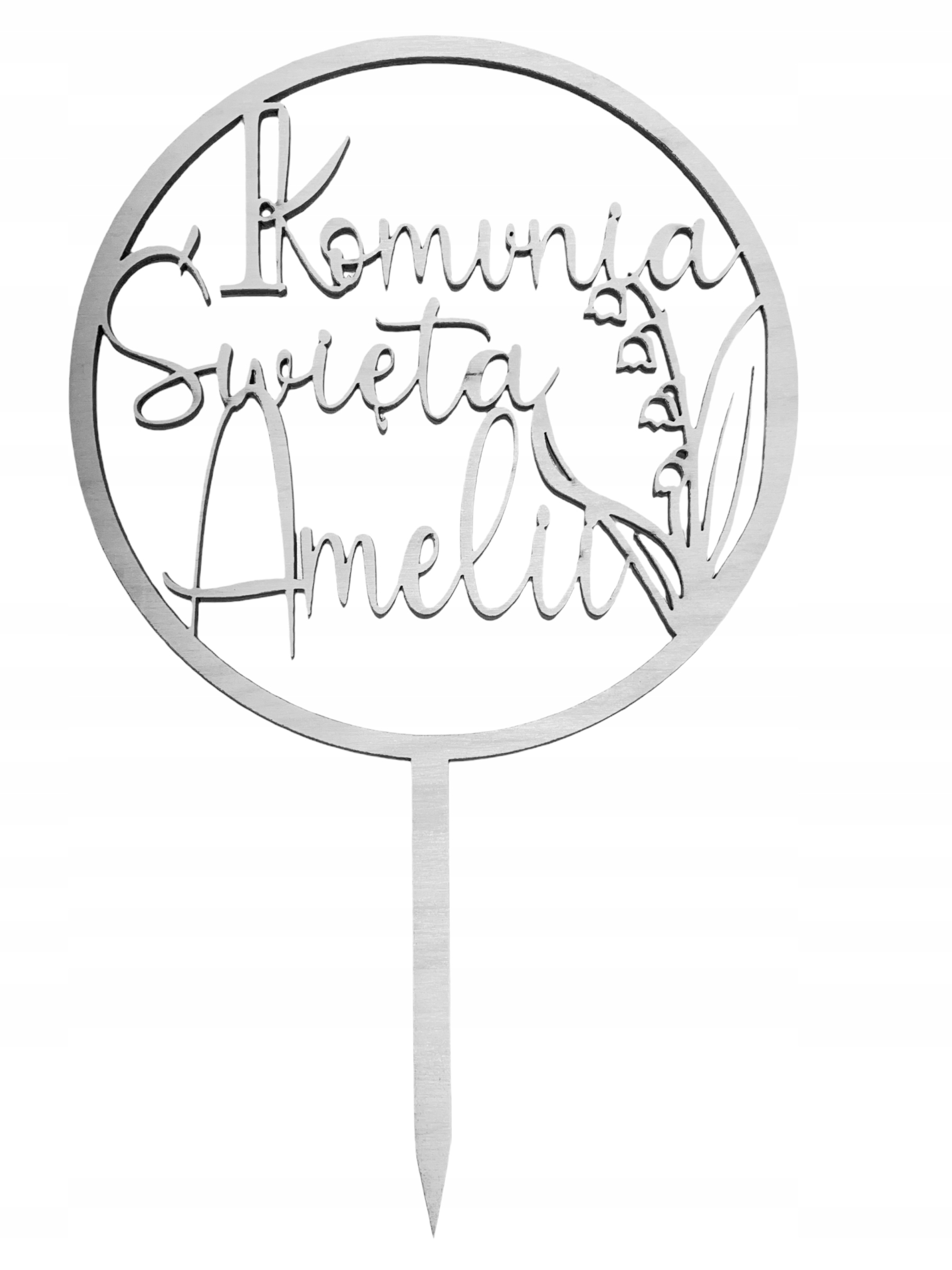 

Topper Komunia Święta Imie Konwalia Srebrny Drewn