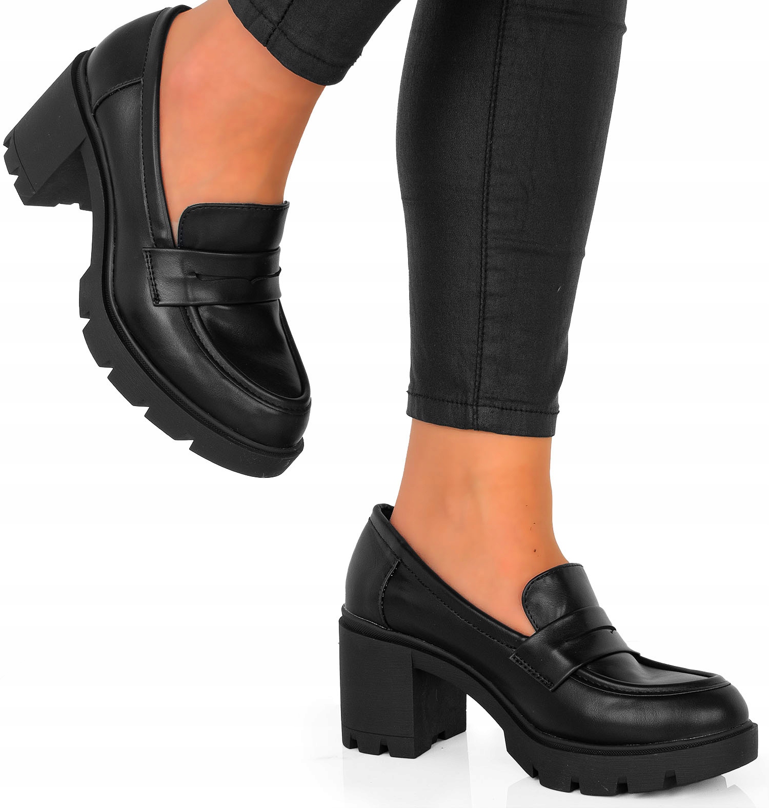 8954 Czarne Półbuty Skórzane Na Obcasie Na Słupku 37