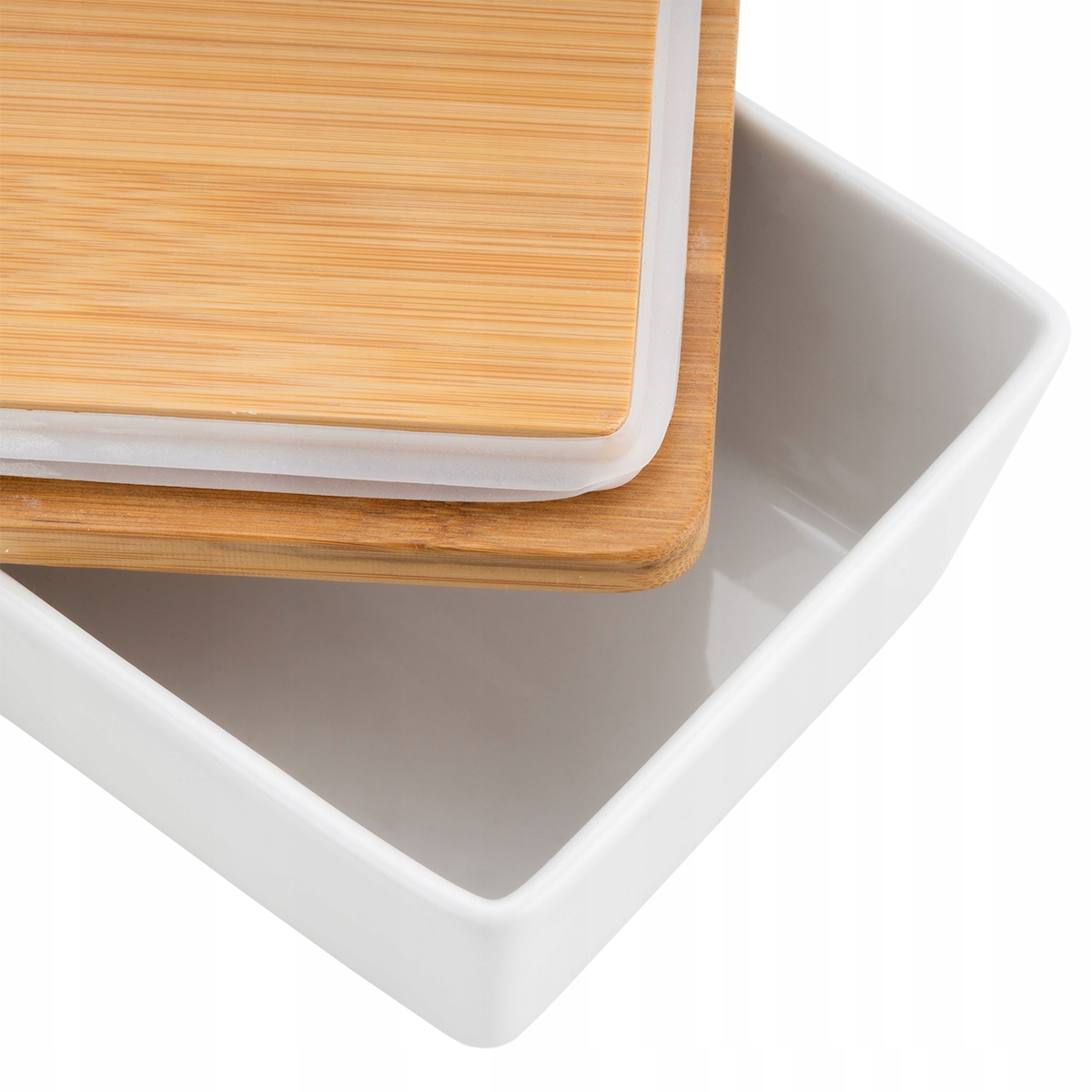 MASELNICA PORCELANOWA BIAŁA + NOŻYK POJEMNIK NA MASŁO Z BAMBUSOWĄ POKRYWKĄ Informacje dodatkowe możliwość mycia w zmywarce