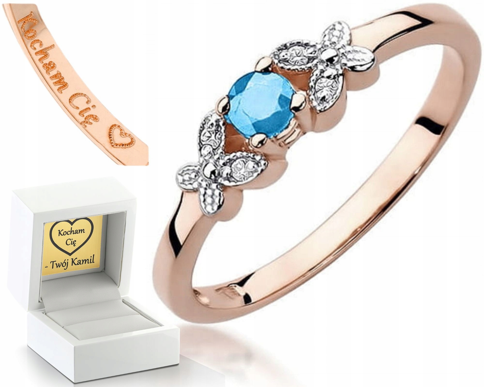 Růžové Zlato Prstýnek S Topazem Diamanty Gravírování 585 Bonus