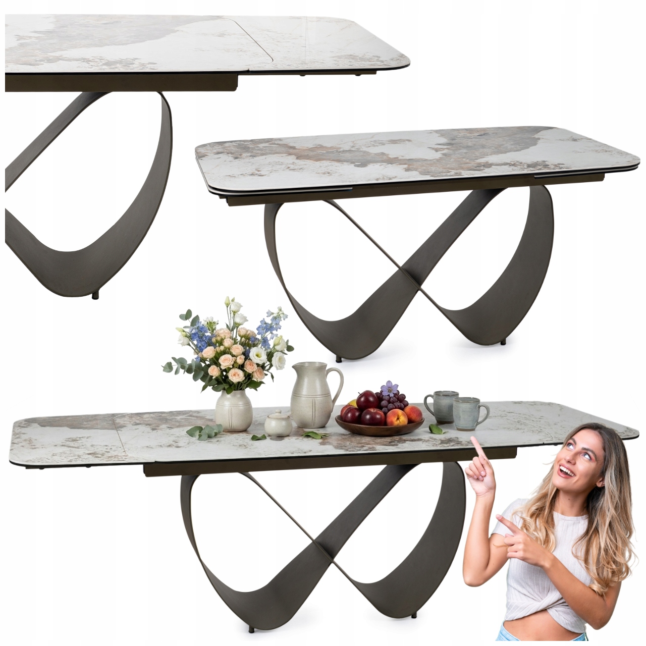 Stół rozkładany 160-240x95 Infinity Ceramic biały Pandoro stelaż miedziany