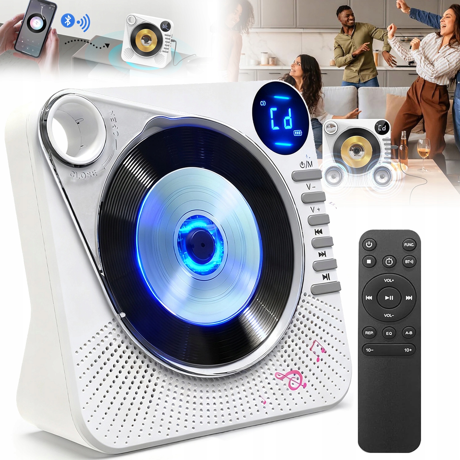 Přenosný Přehrávač CD Reproduktor Bluetooth Rádio Aux Usb Fm Bílý MP3 S LCD