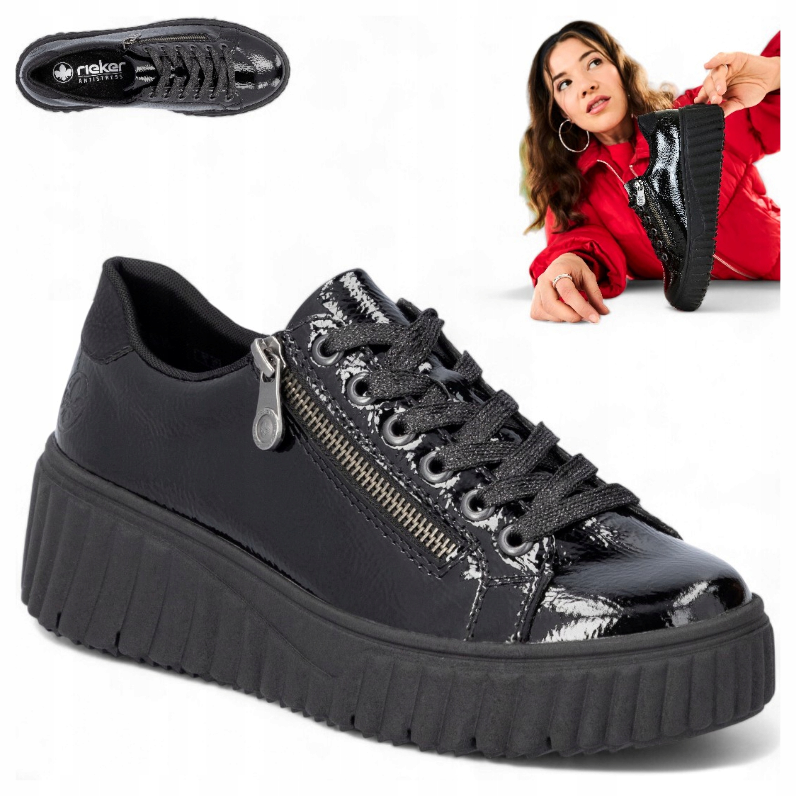 Rieker Skórzane Sneakersy 39 Damskie Półbuty Platforma Sznurowane