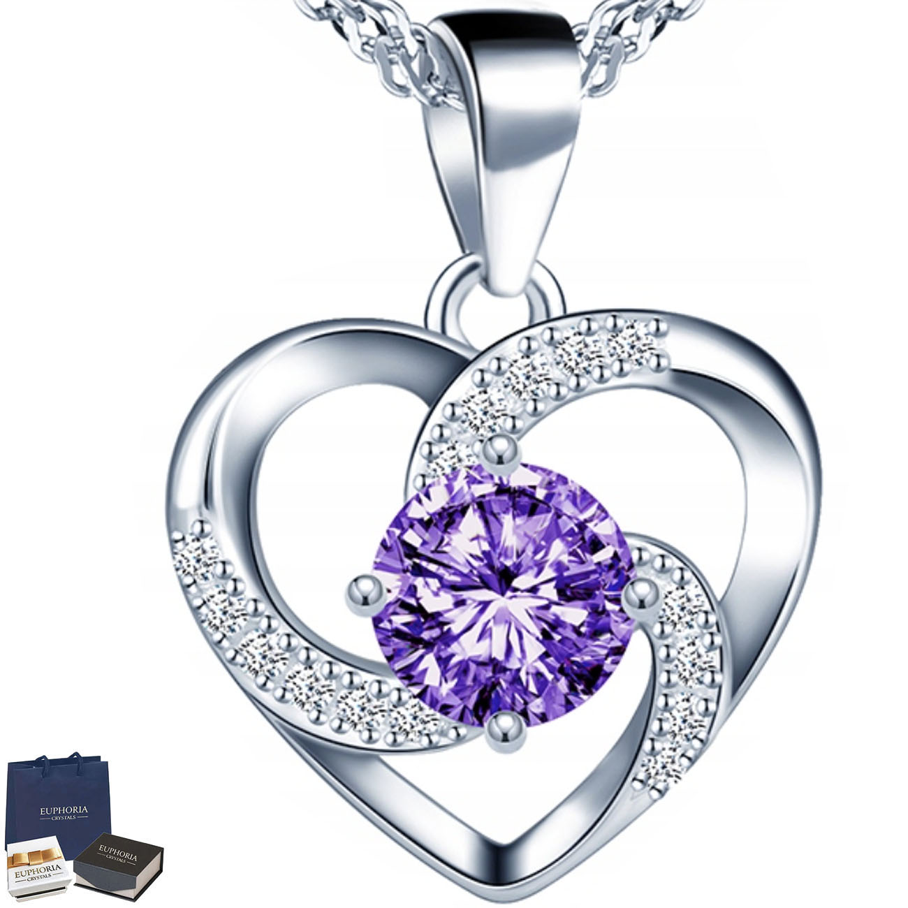 Řetízek s přívěskem Srdce s zirkony Dárek k narozeninám Fialový