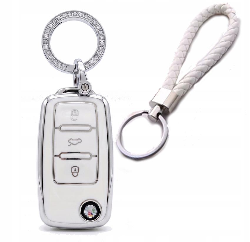 Obudowa Etui Kluczyka Vw Biała Srebrna Breloczek Z Cyrkoniami Linka