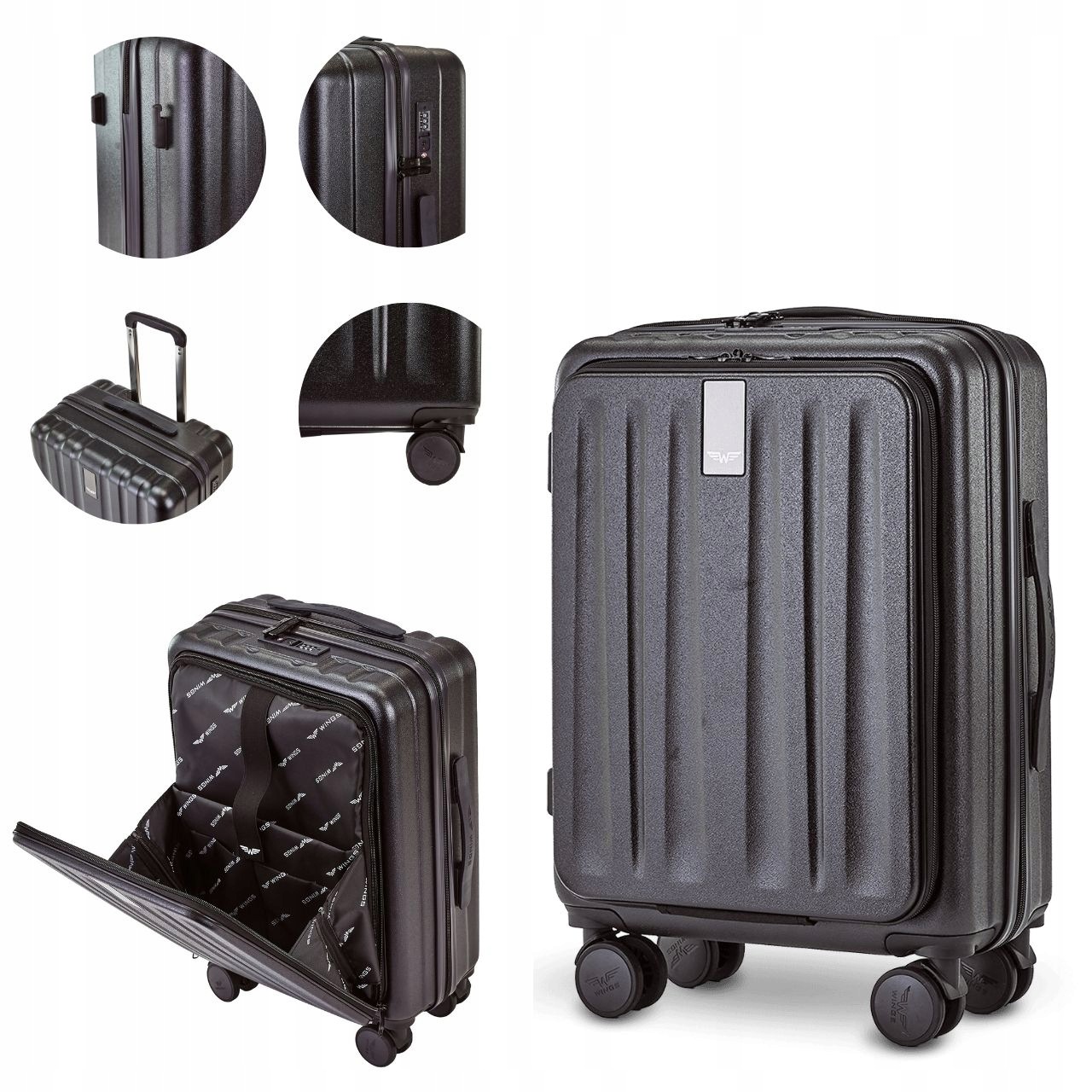 Walizka kabinowa Wings 55x40x20 polikarbon Tsa laptop aluminiowy stelaż