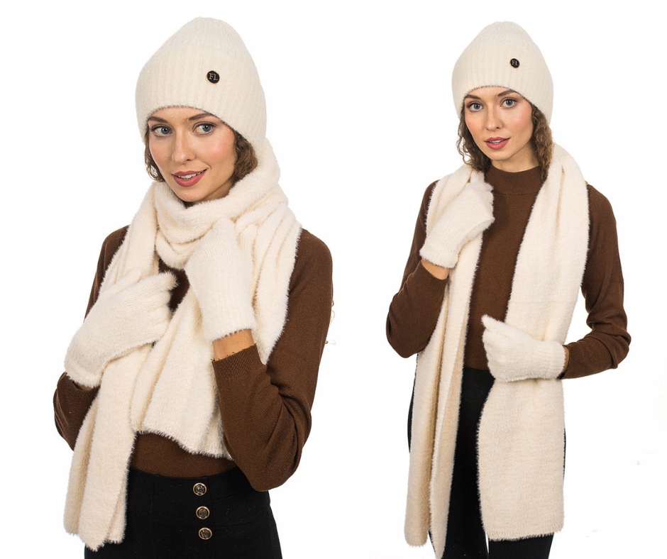Dámská souprava: čepice, šála a rukavice zimní, krémová (ecru), polský výrobce