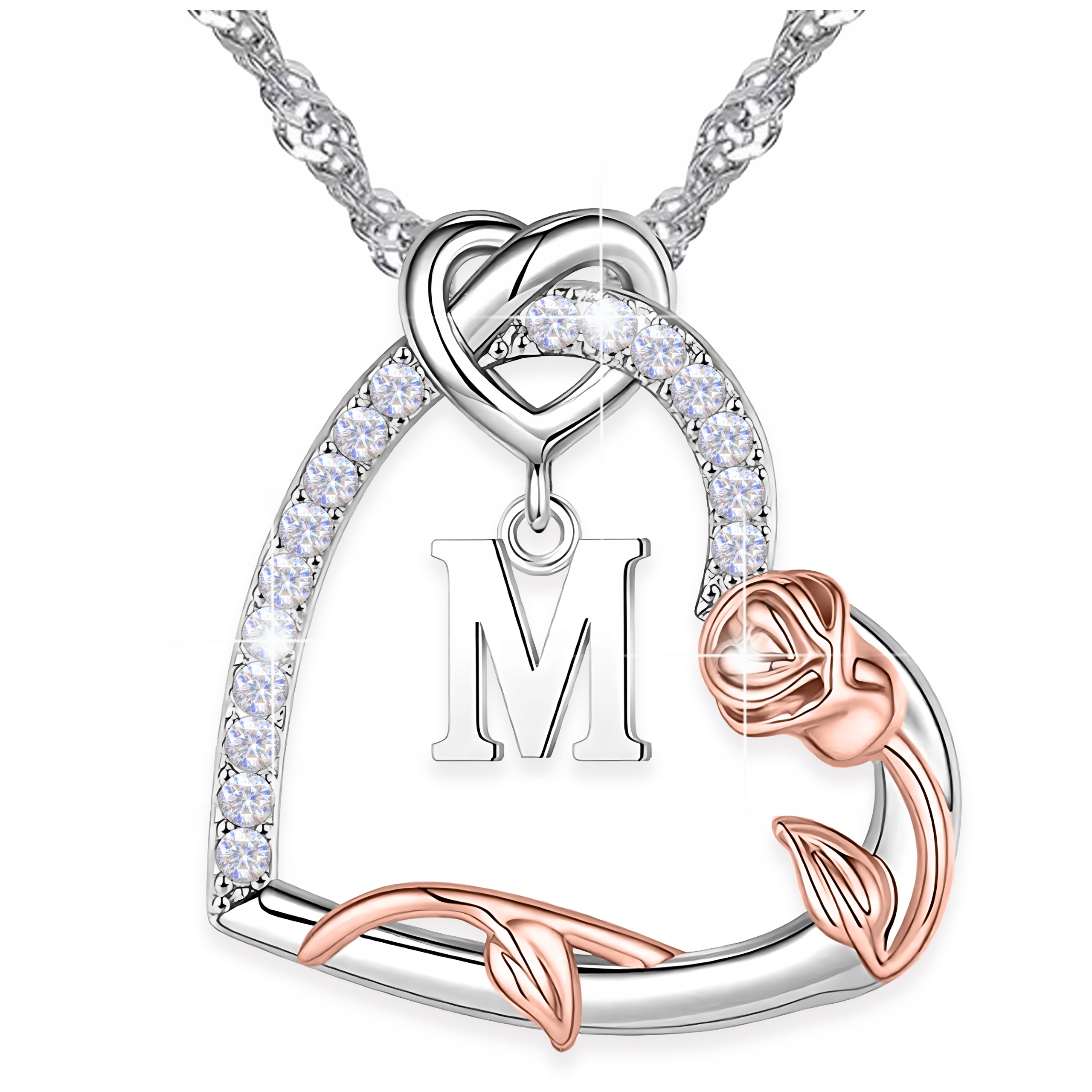 Stříbrný náhrdelník 925 Srdce s písmenkem Zirkony Květ života Růže Písmeno M