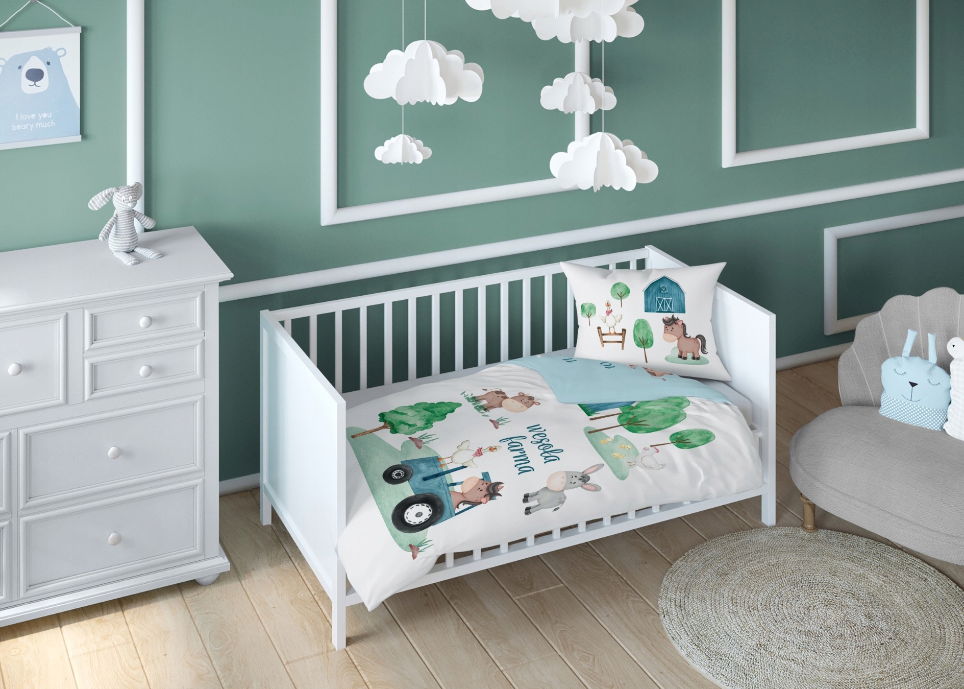 Pościel dwustronna wesoła farma wieś traktor niebieska 100x135 bawełna Marka Detexpol