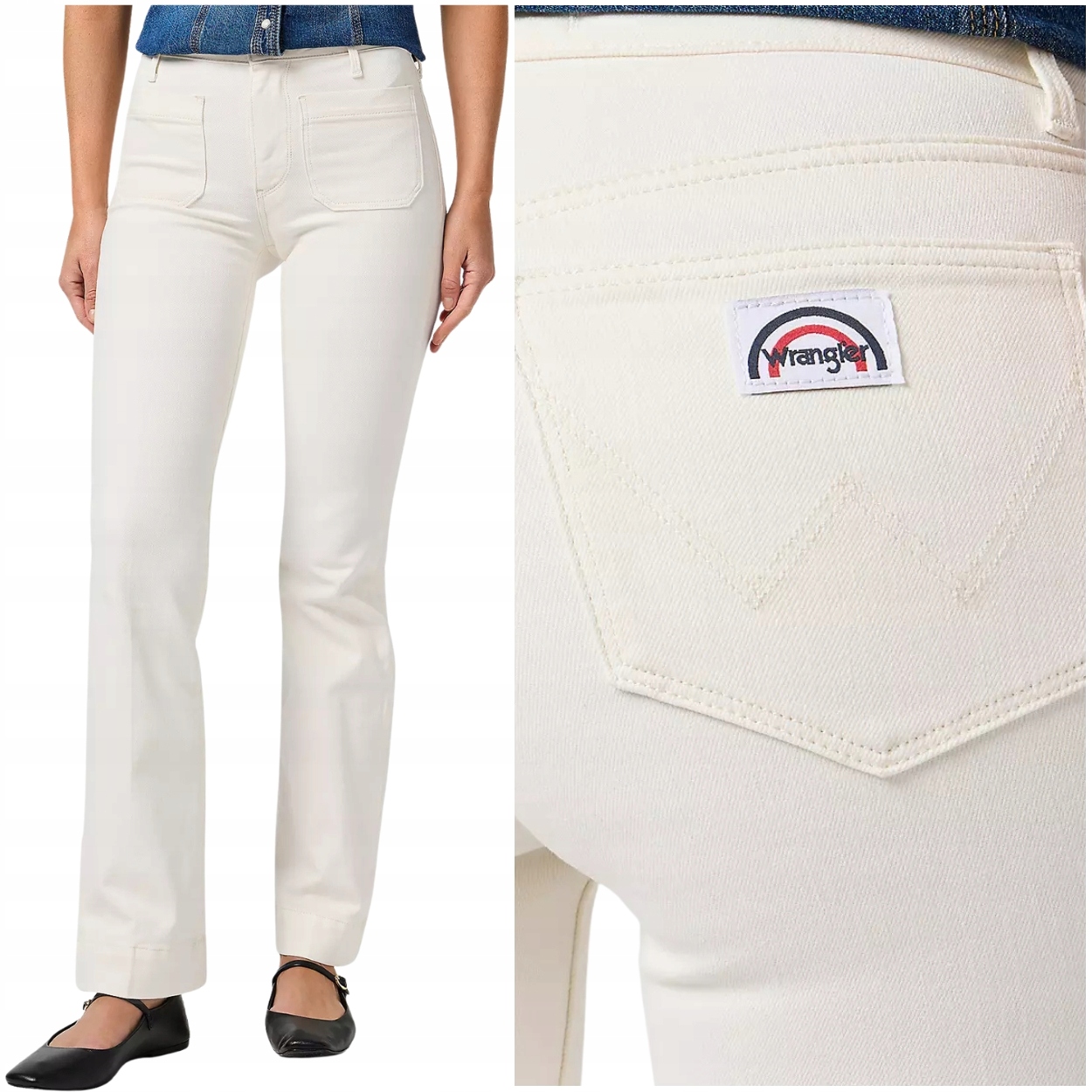 Wrangler Flare bílé dámské látkové bavlněné zvonové kalhoty W29 L32