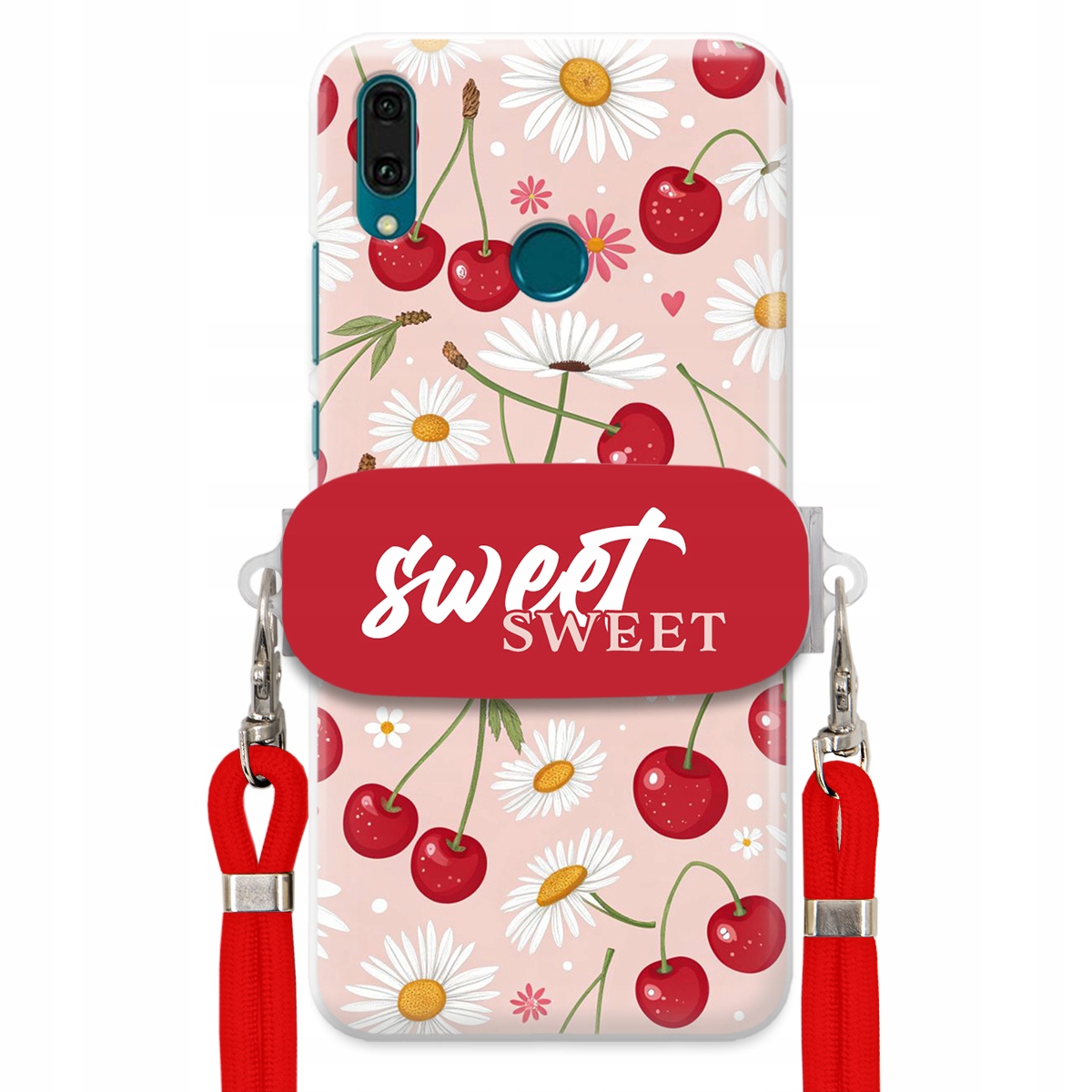 Puzdro pre Huawei Y9 2019 Červené vodítko Crossbody držiak Sweet Kvet čerešne
