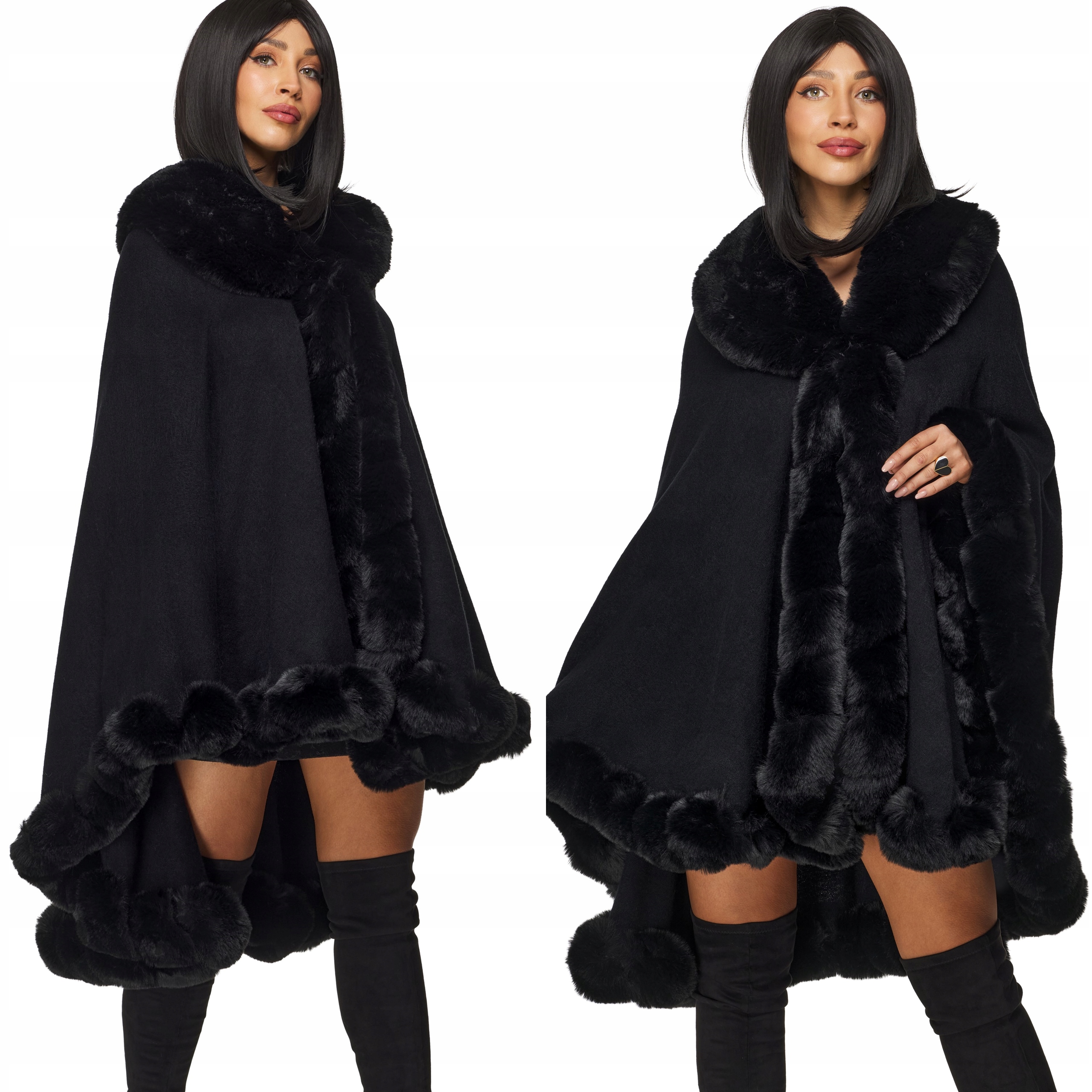 Pončo Dámské dlouhé bolerko z úpletu s kožíškem kožešina černá