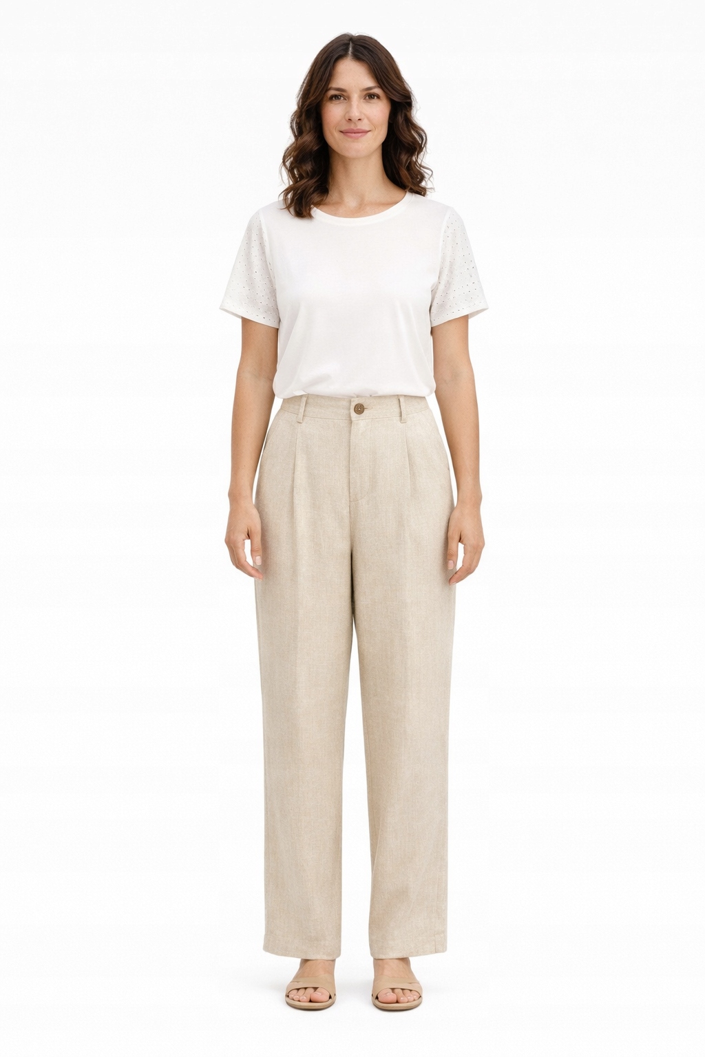 Elegantní Kalhoty V Béžové Barvě S Lnem L I3A