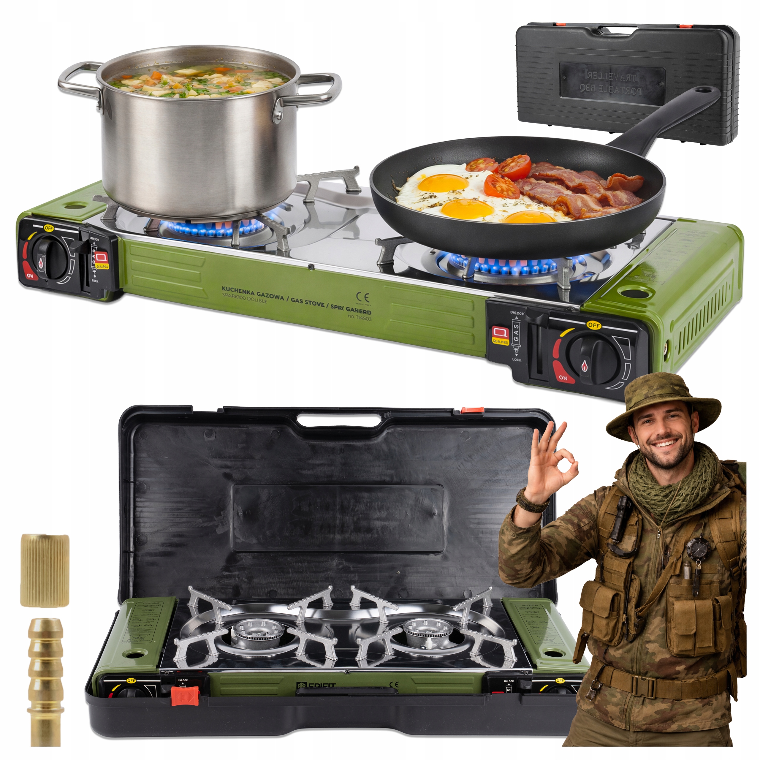 Turistický Plynový Vařič Na Plynové Kartuše, Adaptér Na Láhev, 2 Hořáky