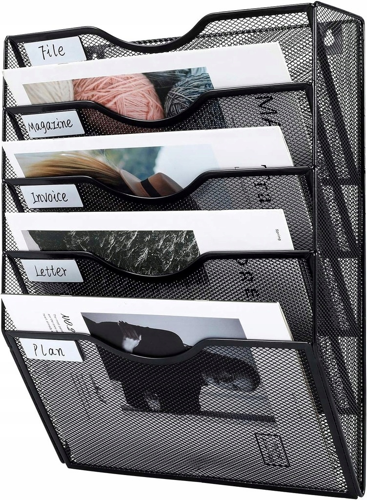 Eleganckie półki na dokumenty, metalowy naścienny organizer 5 półek, czarny